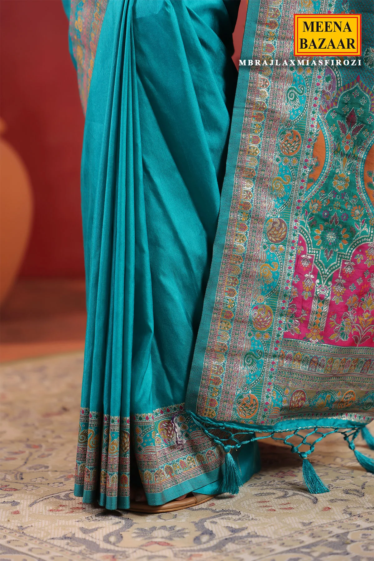 Firozi Silk Saree with Rich Zari Border and Pallu - Image 11
