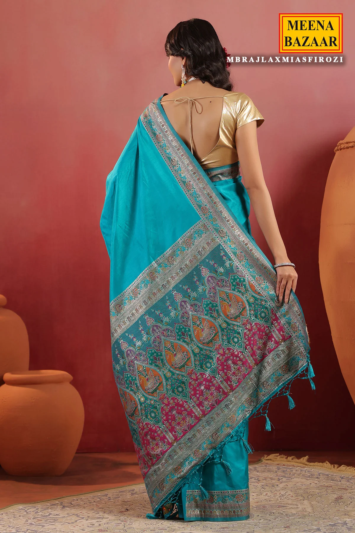 Firozi Silk Saree with Rich Zari Border and Pallu - Image 12