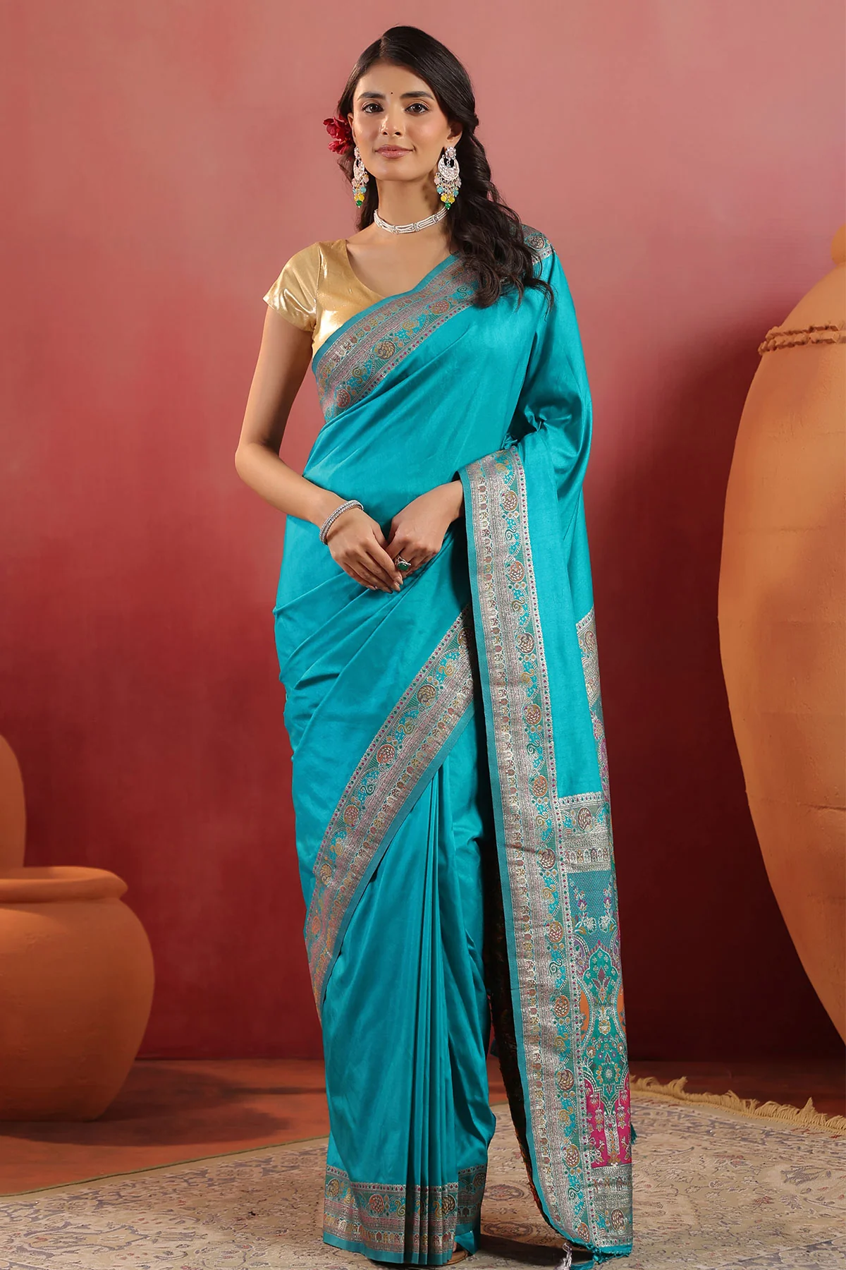 Firozi Silk Saree with Rich Zari Border and Pallu - Image 2