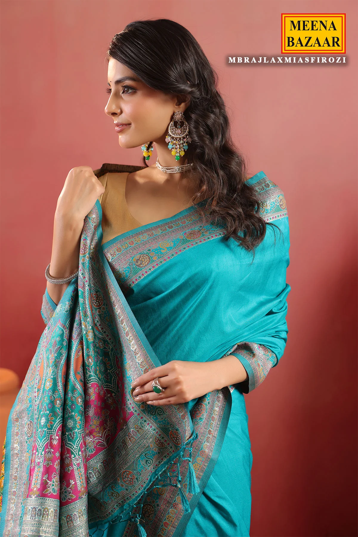 Firozi Silk Saree with Rich Zari Border and Pallu - Image 3