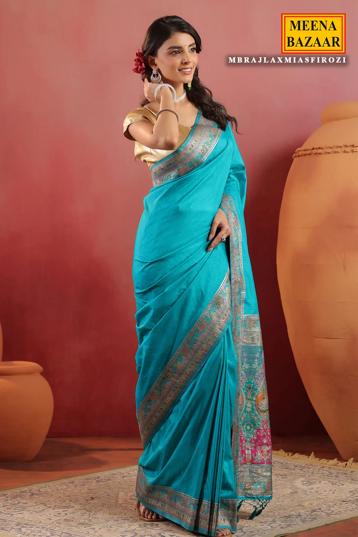 Firozi Silk Saree with Rich Zari Border and Pallu - Image 4
