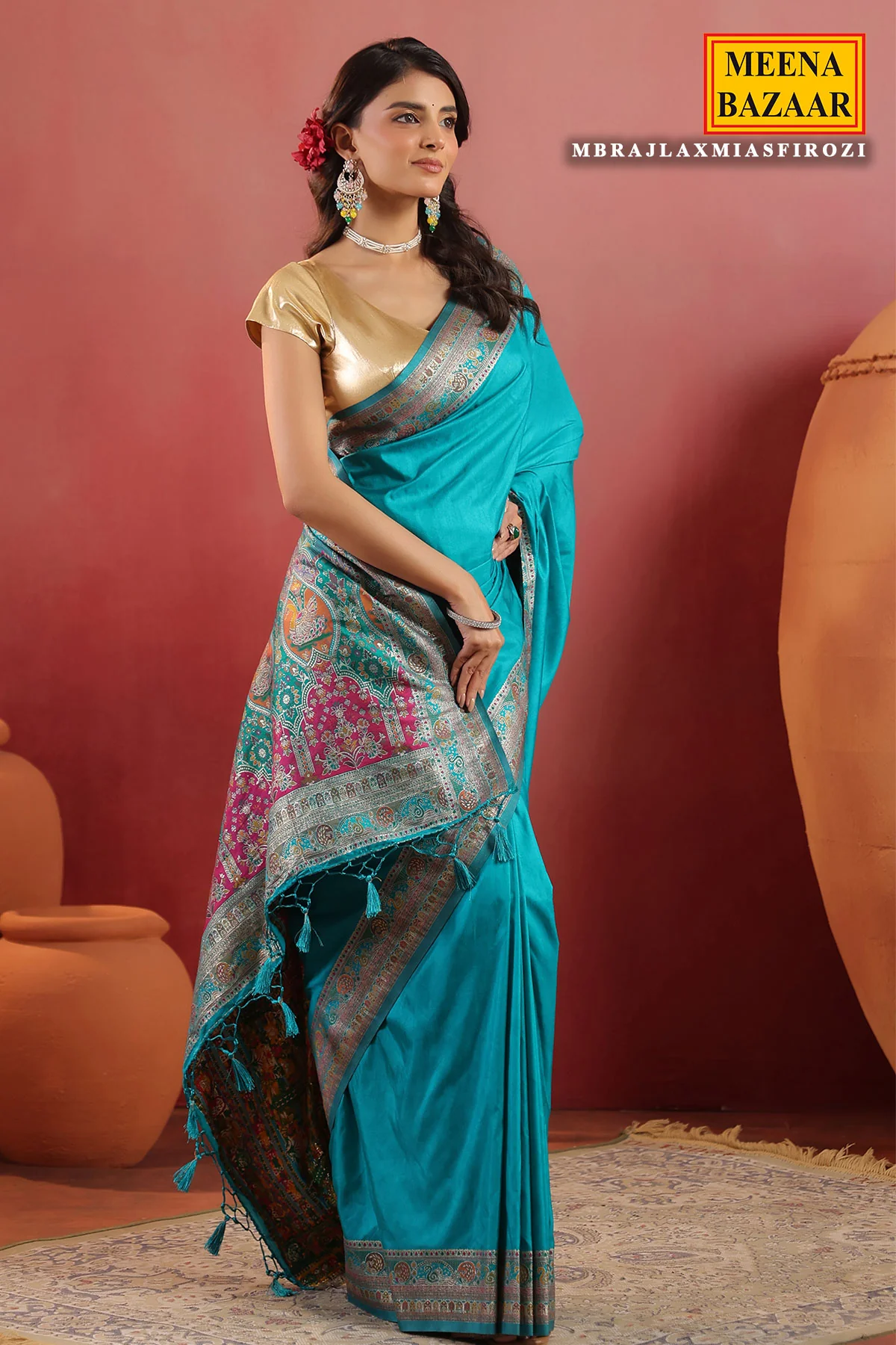 Firozi Silk Saree with Rich Zari Border and Pallu - Image 5