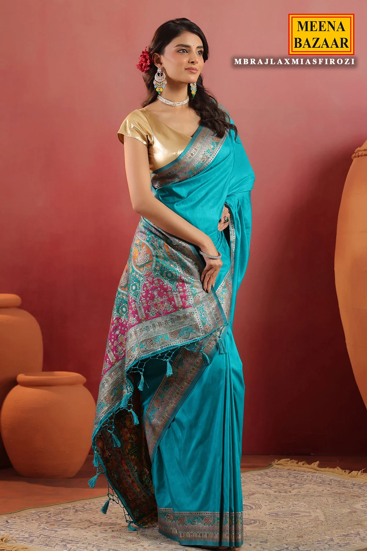 Firozi Silk Saree with Rich Zari Border and Pallu - Image 7