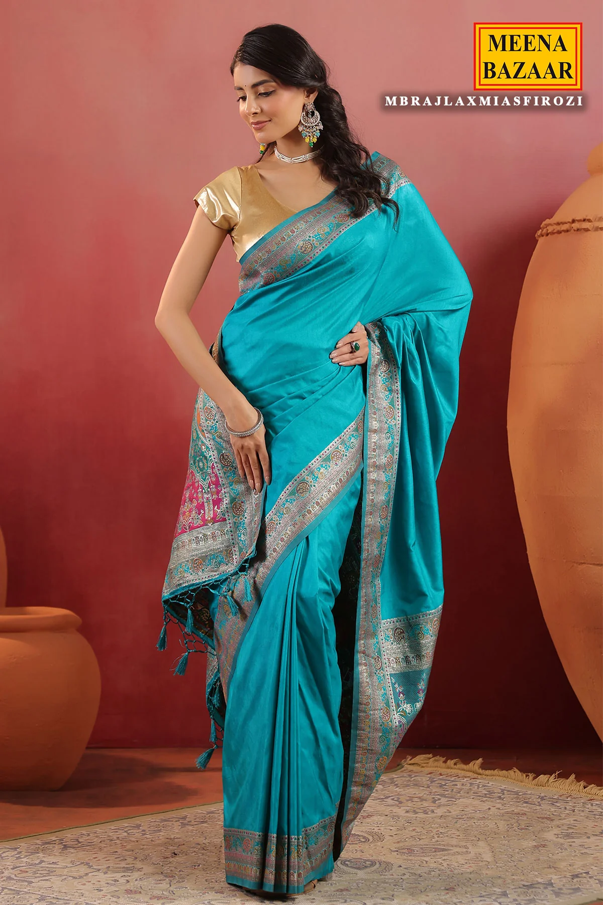 Firozi Silk Saree with Rich Zari Border and Pallu - Image 8