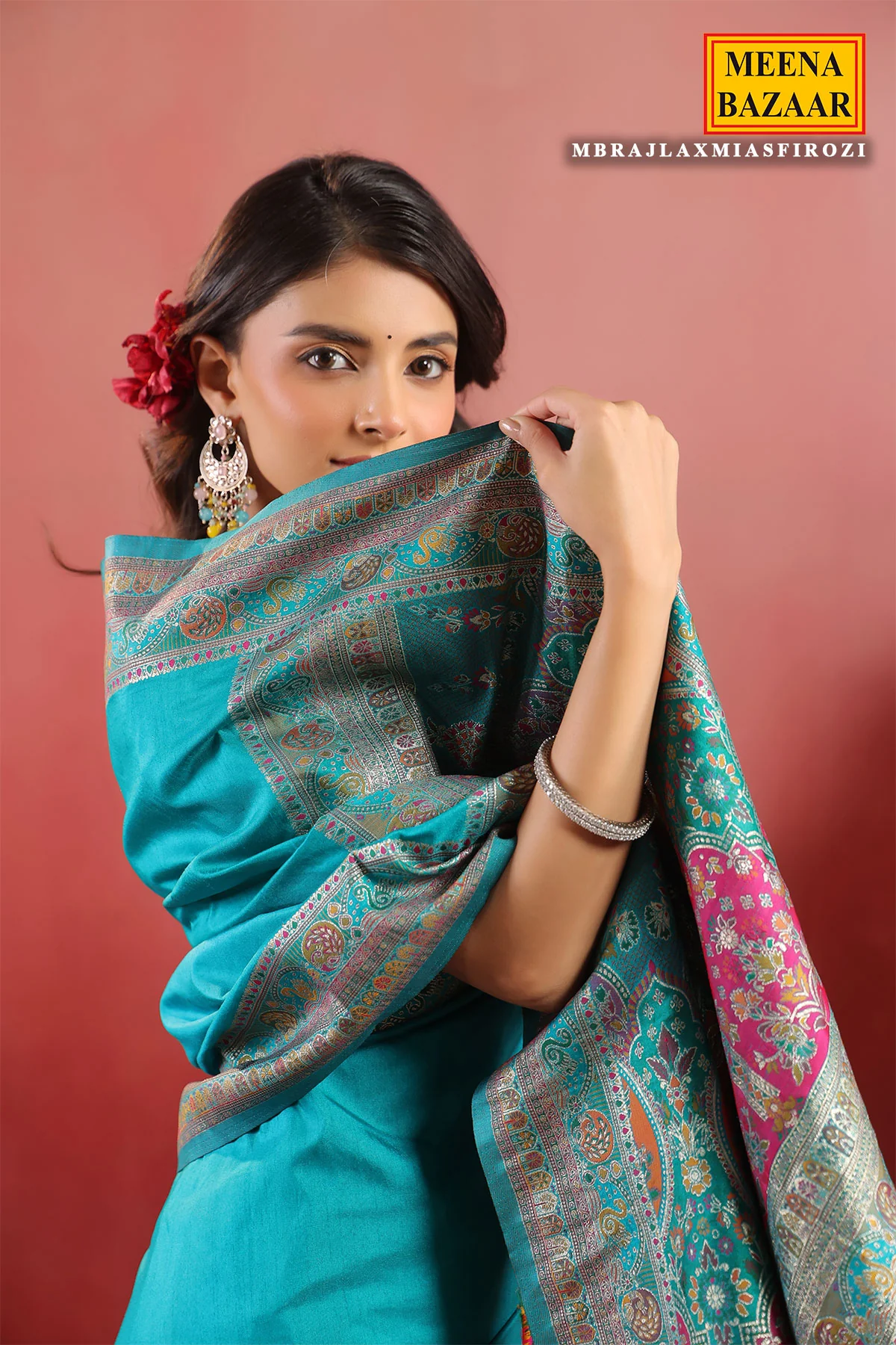 Firozi Silk Saree with Rich Zari Border and Pallu - Image 9