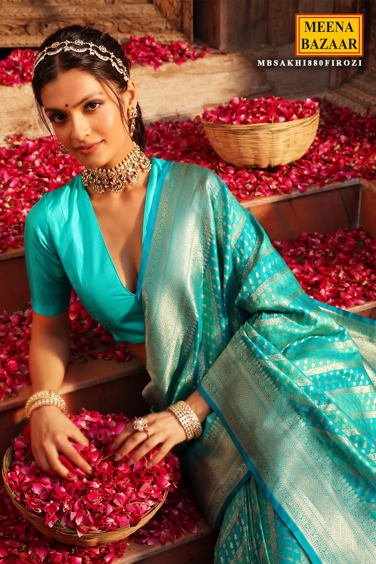 Firozi Silk Saree with Zari Weaving - Image 2