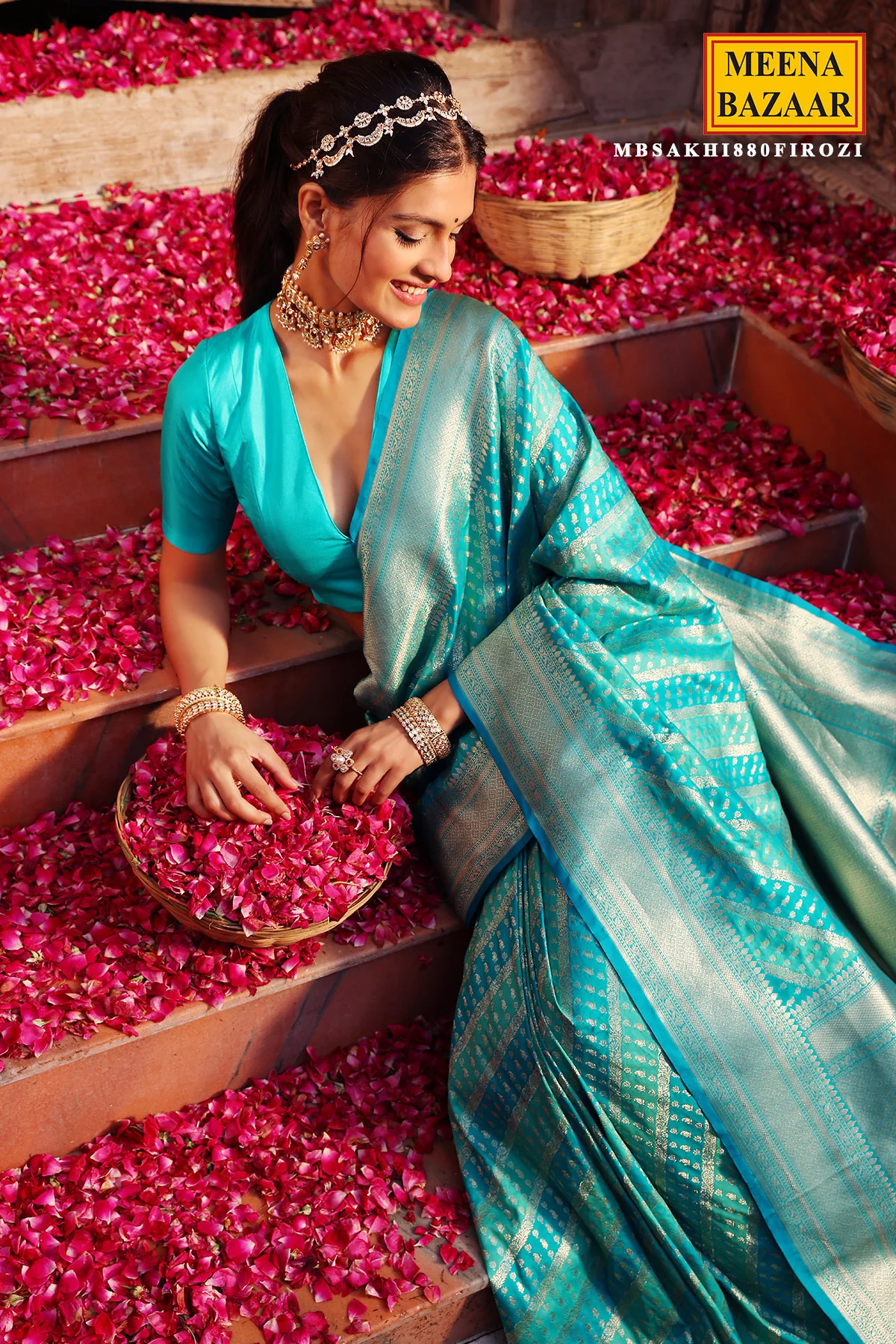 Firozi Silk Saree with Zari Weaving - Image 3