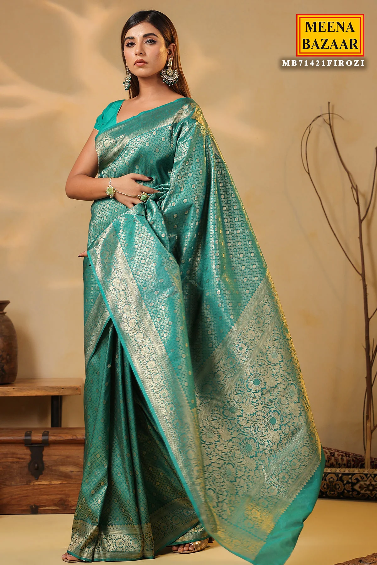 Firozi Silk Weaving Saree Elegant Festive & Wedding Wear - Image 2