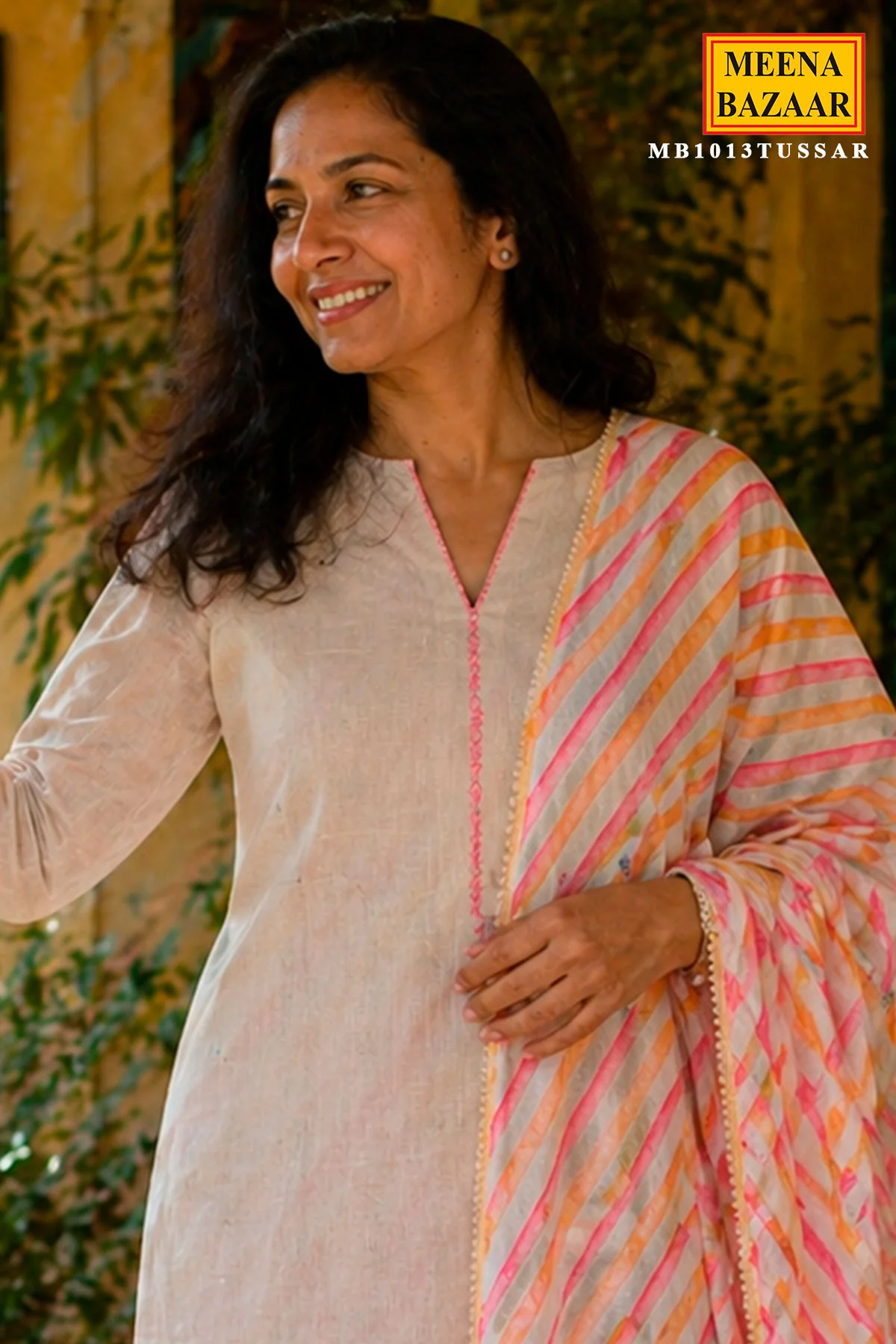 Tussar Unstitiched Suit Set with Striped Dupatta & Pink Pants for Women - Image 2