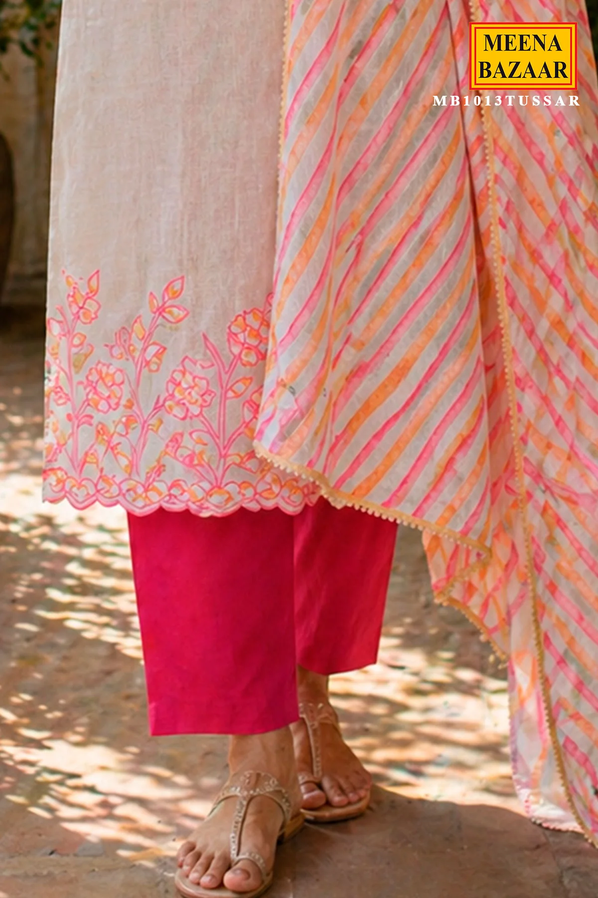 Tussar Unstitiched Suit Set with Striped Dupatta & Pink Pants for Women - Image 3