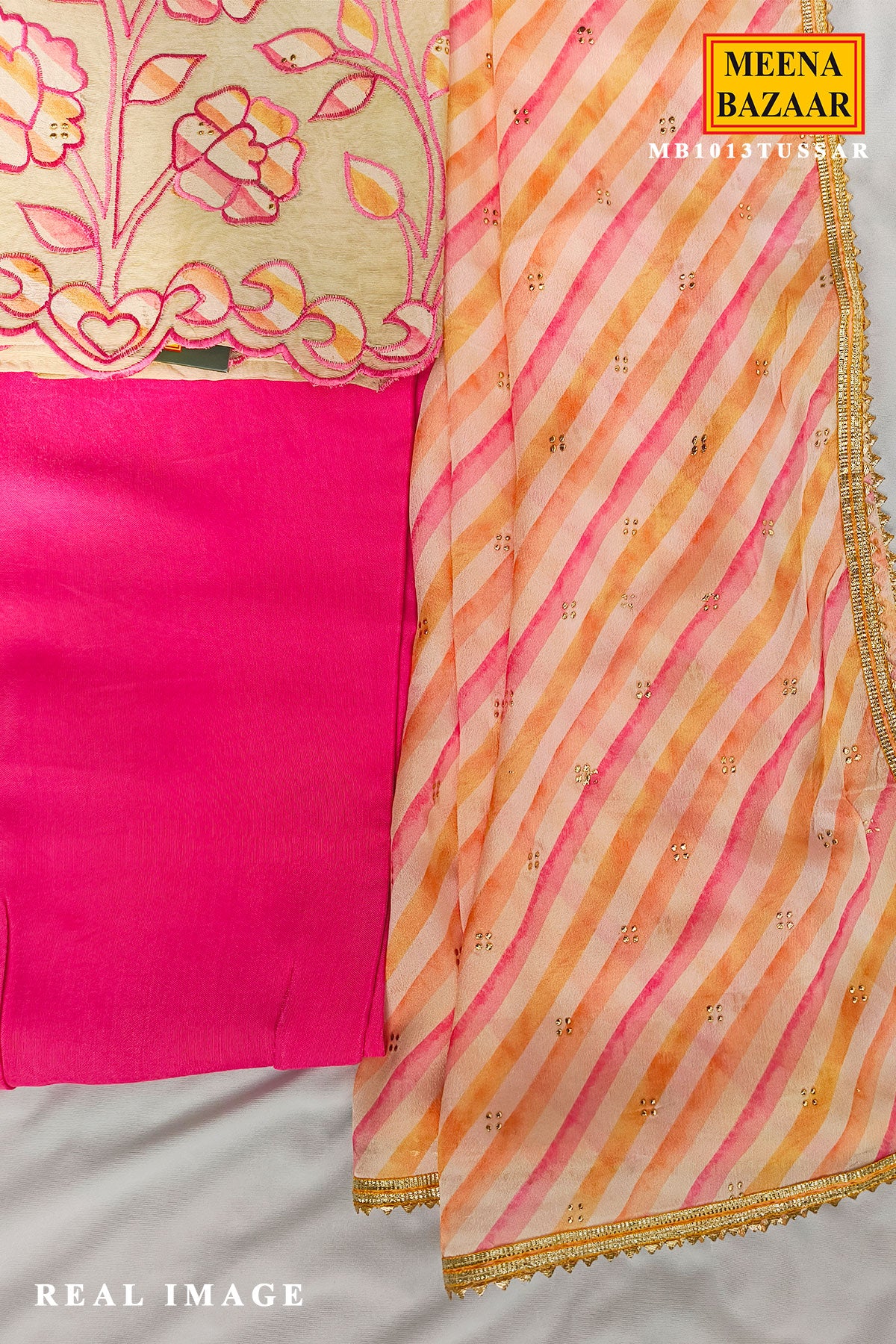 Tussar Unstitiched Suit Set with Striped Dupatta & Pink Pants for Women - Image 5