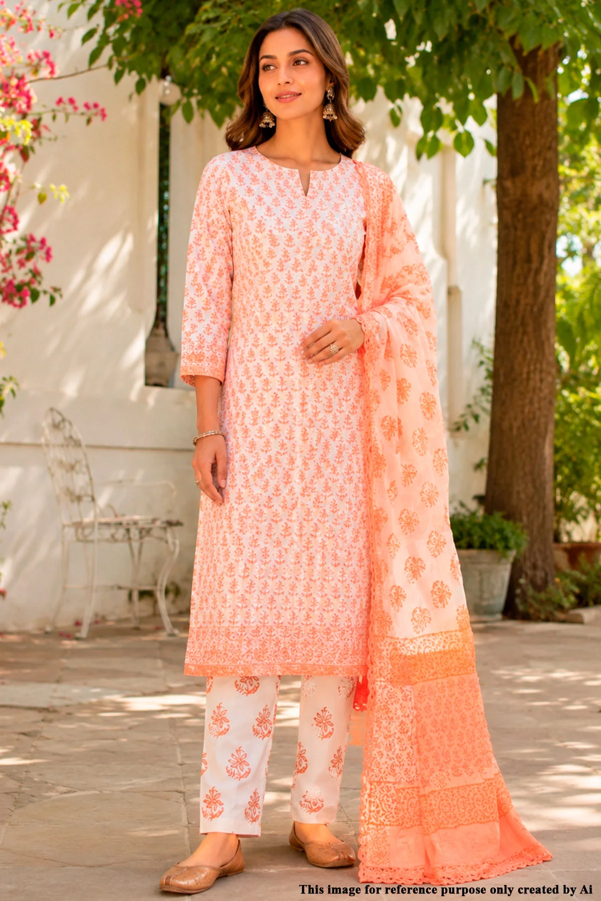 Floral Peach Cotton Suit Set with Dupatta