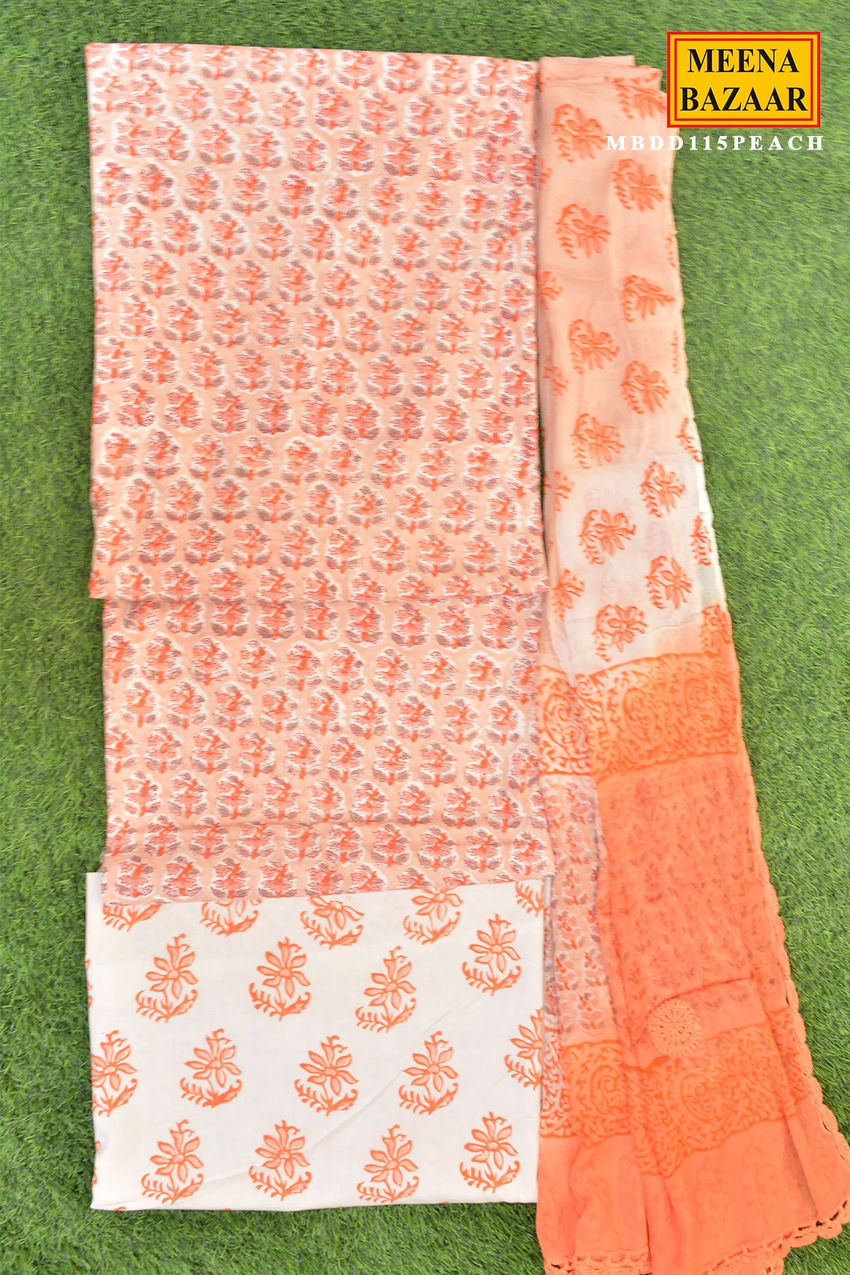 Floral Peach Cotton Suit Set with Dupatta - Image 2