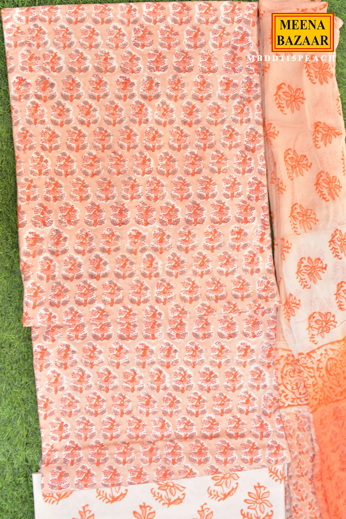 Floral Peach Cotton Suit Set with Dupatta - Image 3