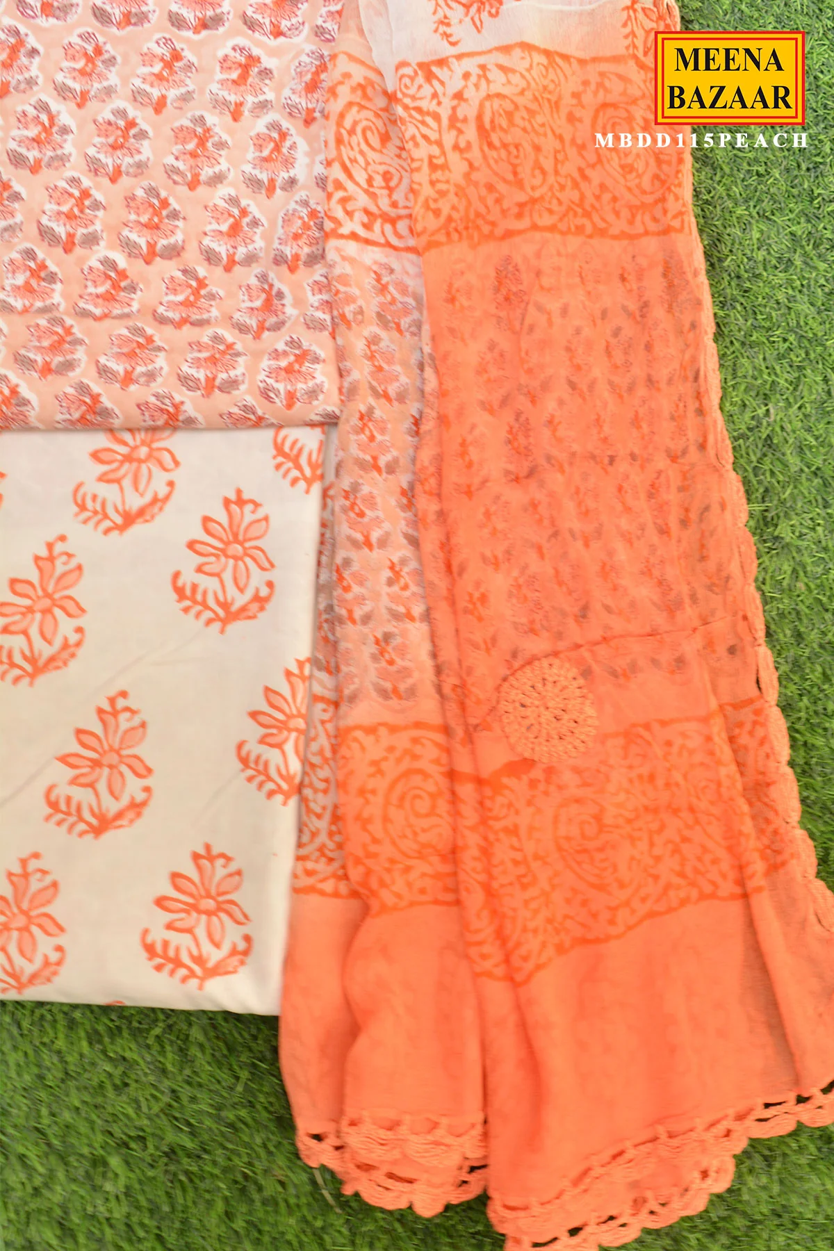 Floral Peach Cotton Suit Set with Dupatta - Image 4