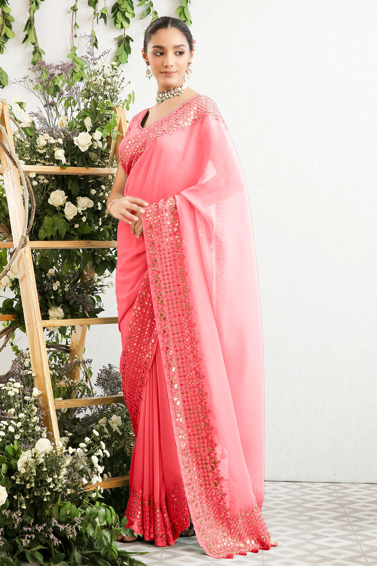 Gajari Georgette Gota Patti, Sequins, and Thread Embroidered Saree