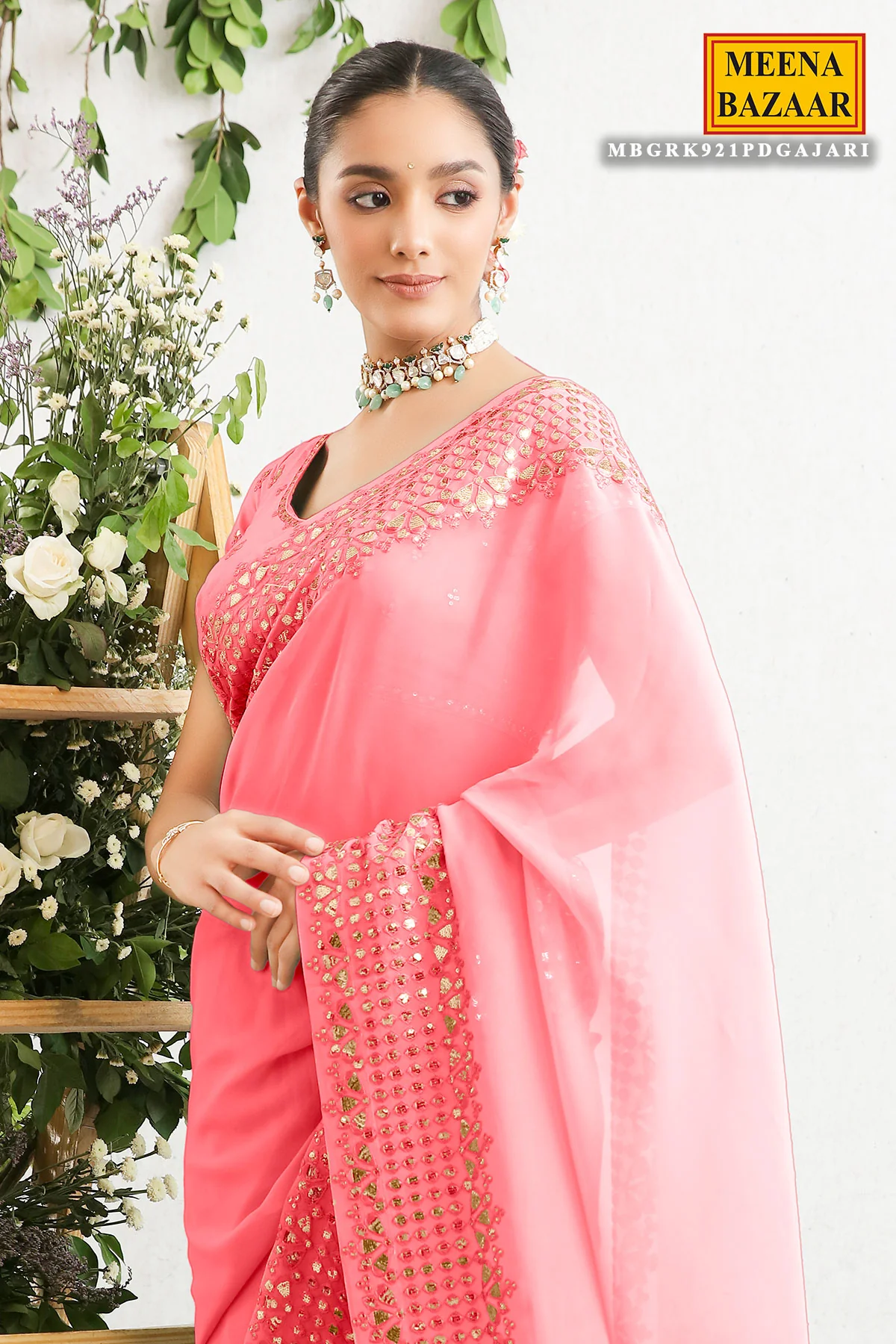 Gajari Georgette Gota Patti, Sequins, and Thread Embroidered Saree - Image 2