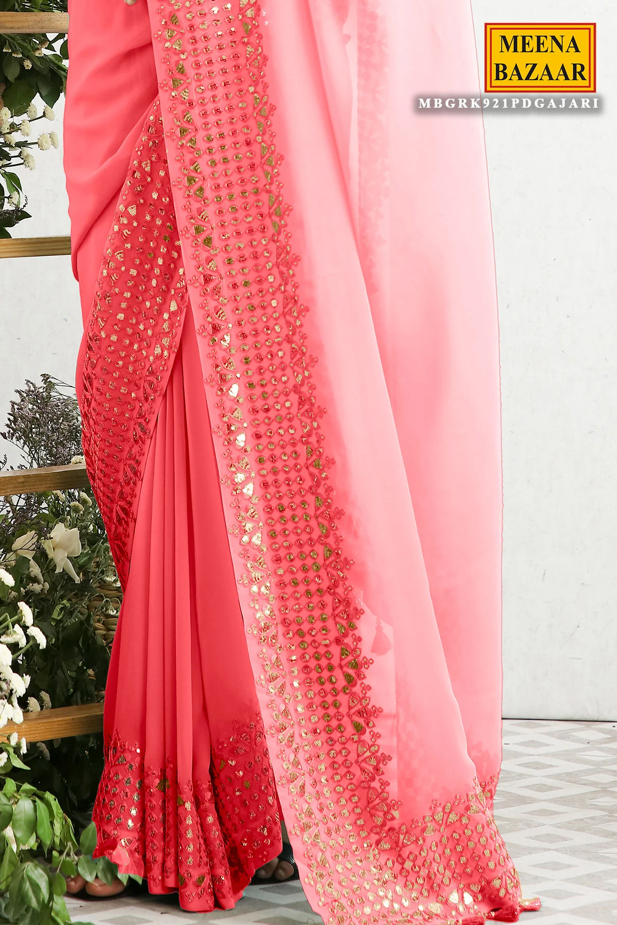 Gajari Georgette Gota Patti, Sequins, and Thread Embroidered Saree - Image 3