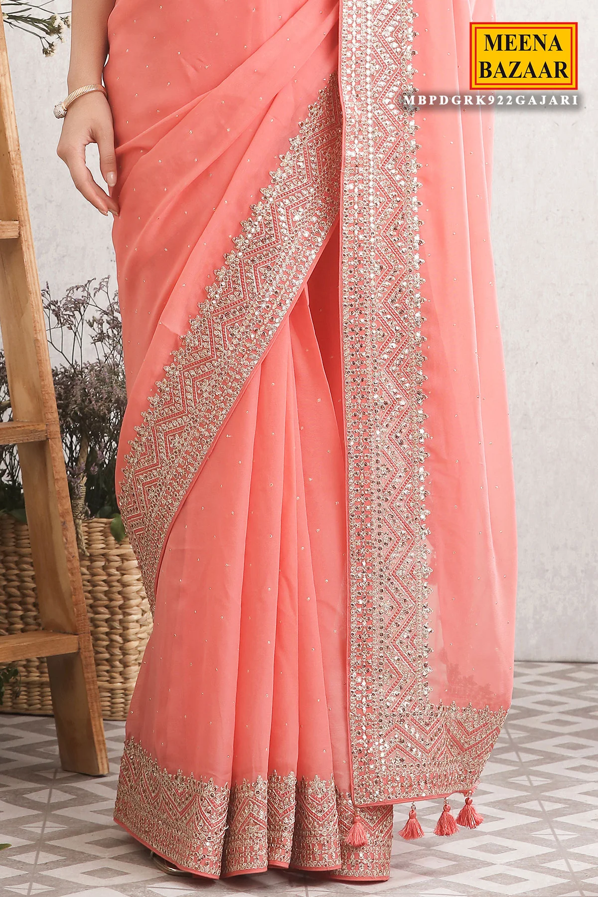Gajari Georgette Sequins, and Gota Patti Embroidered Saree - Image 4