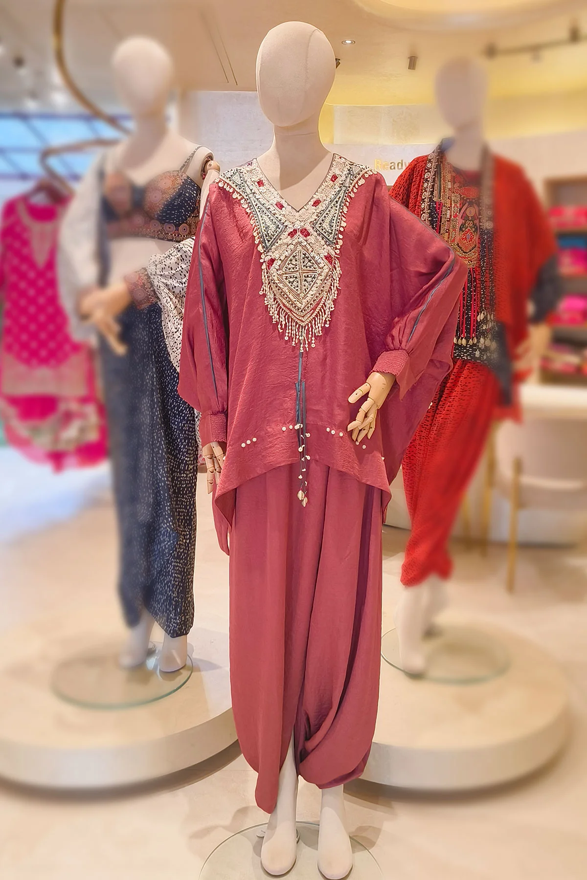 Gajari Glow – Crepe Kurti with Designer Neck EMB