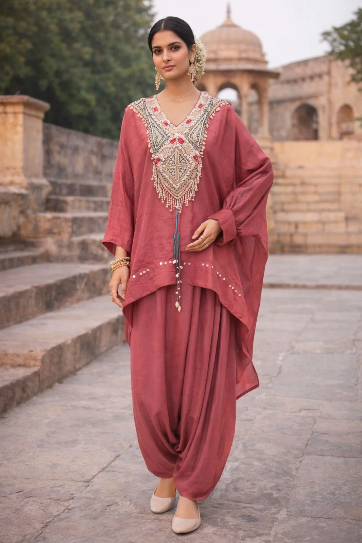 Gajari Glow – Crepe Kurti with Designer Neck EMB - Image 4