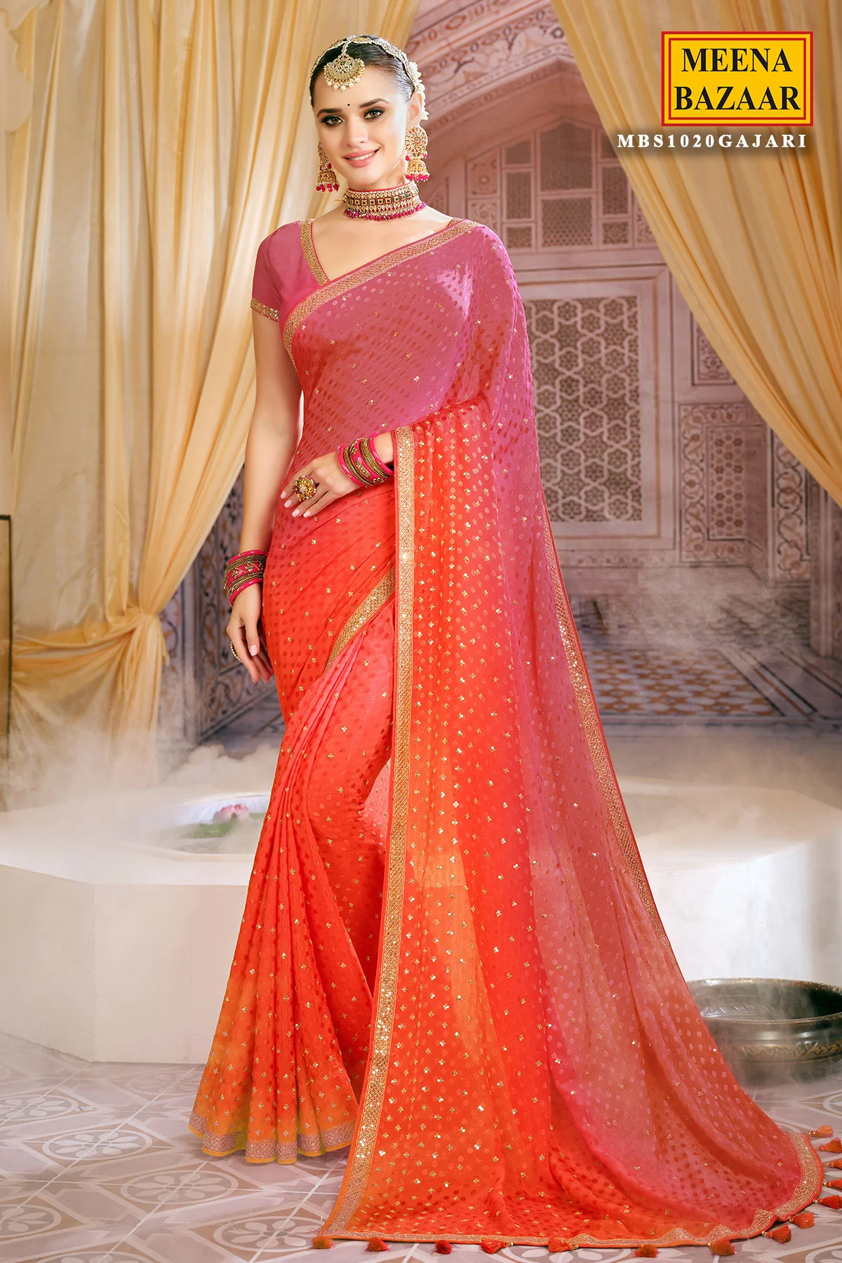 Gajari Jacquard Sequins and Zari Embroidered Saree - Image 2