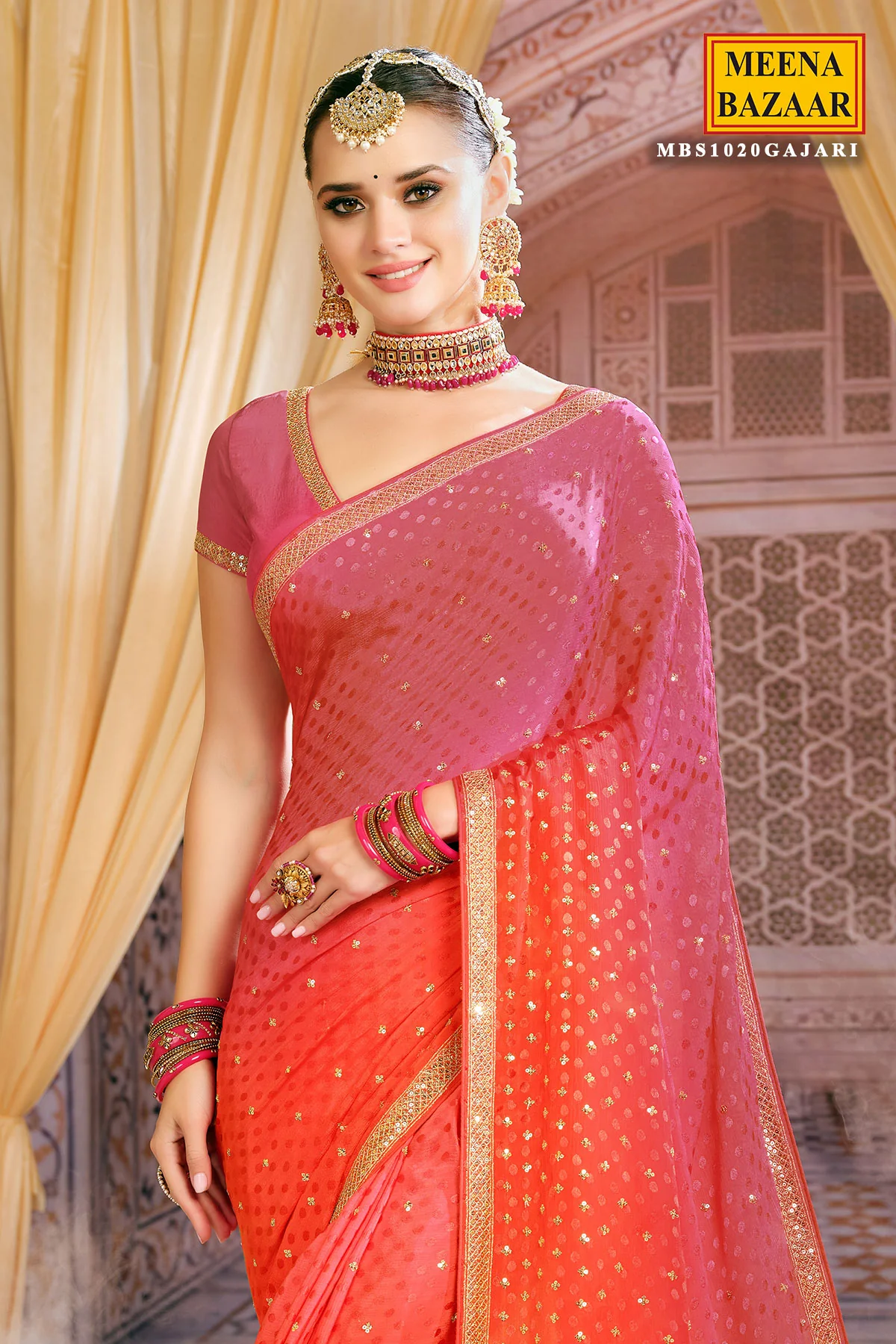 Gajari Jacquard Sequins and Zari Embroidered Saree - Image 3