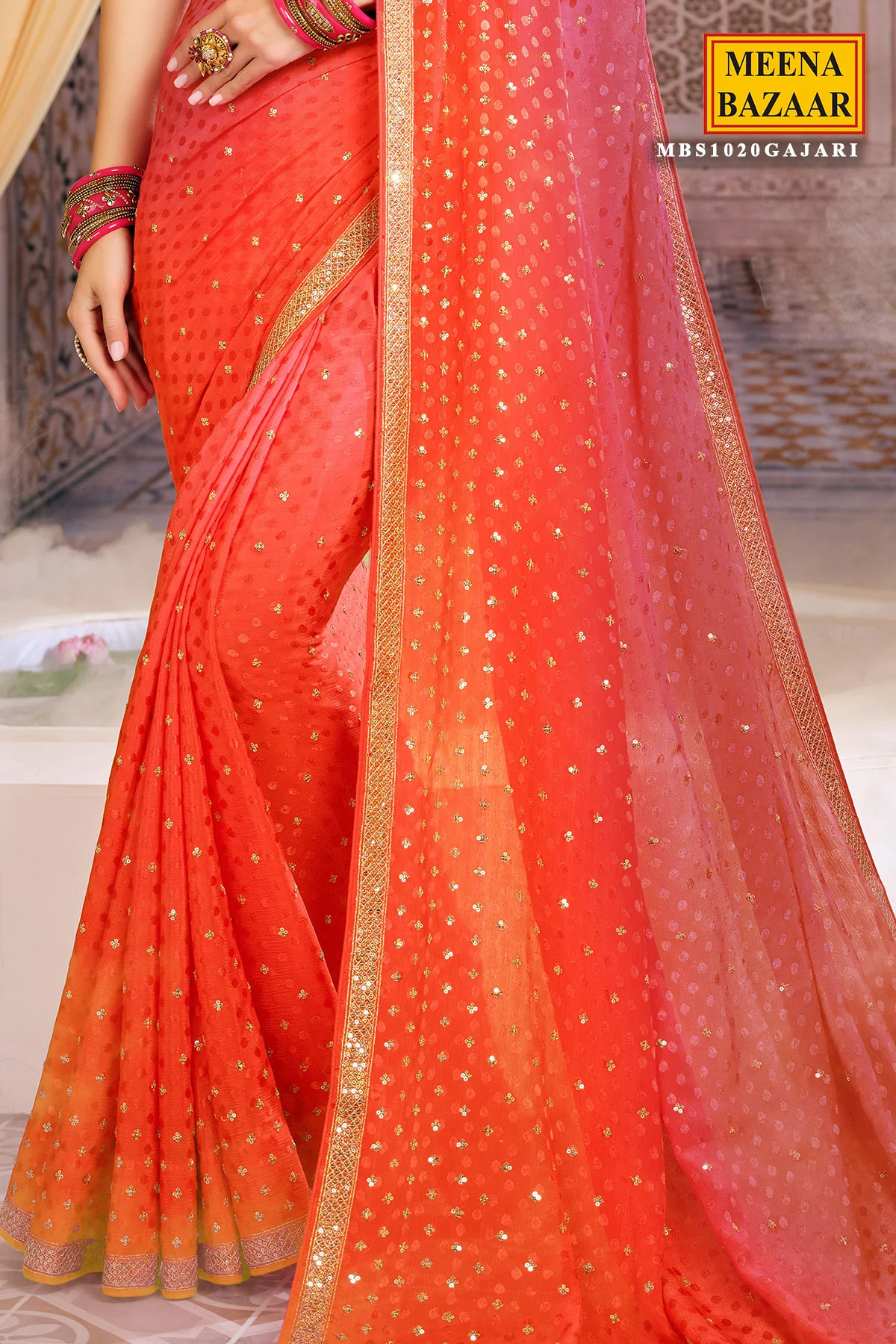 Gajari Jacquard Sequins and Zari Embroidered Saree - Image 4