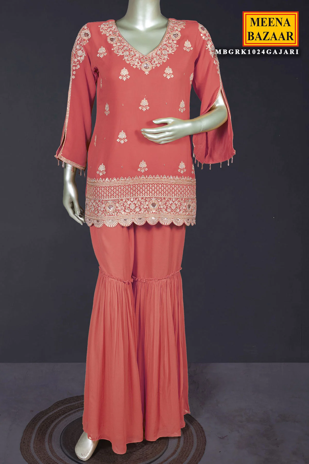 Gajari Zari Sequin Embroidered Georgette Gharara Suit Set - Image 11
