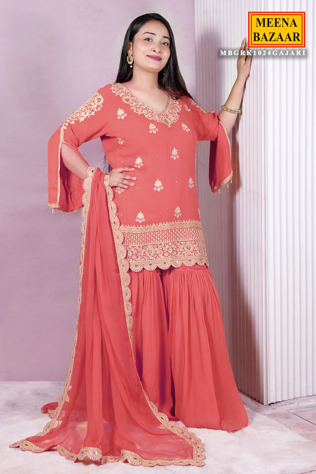 Gajari Zari Sequin Embroidered Georgette Gharara Suit Set - Image 3