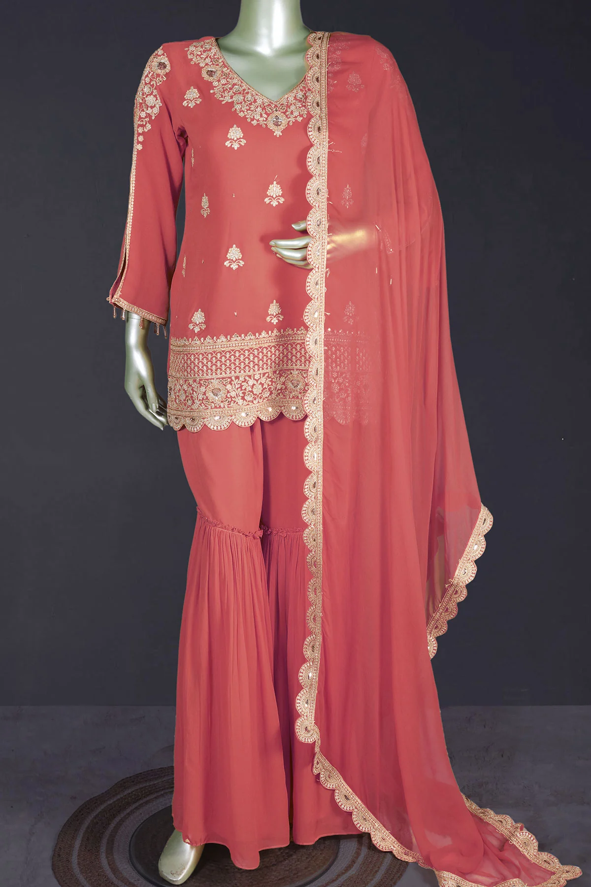 Gajari Zari Sequin Embroidered Georgette Gharara Suit Set - Image 8
