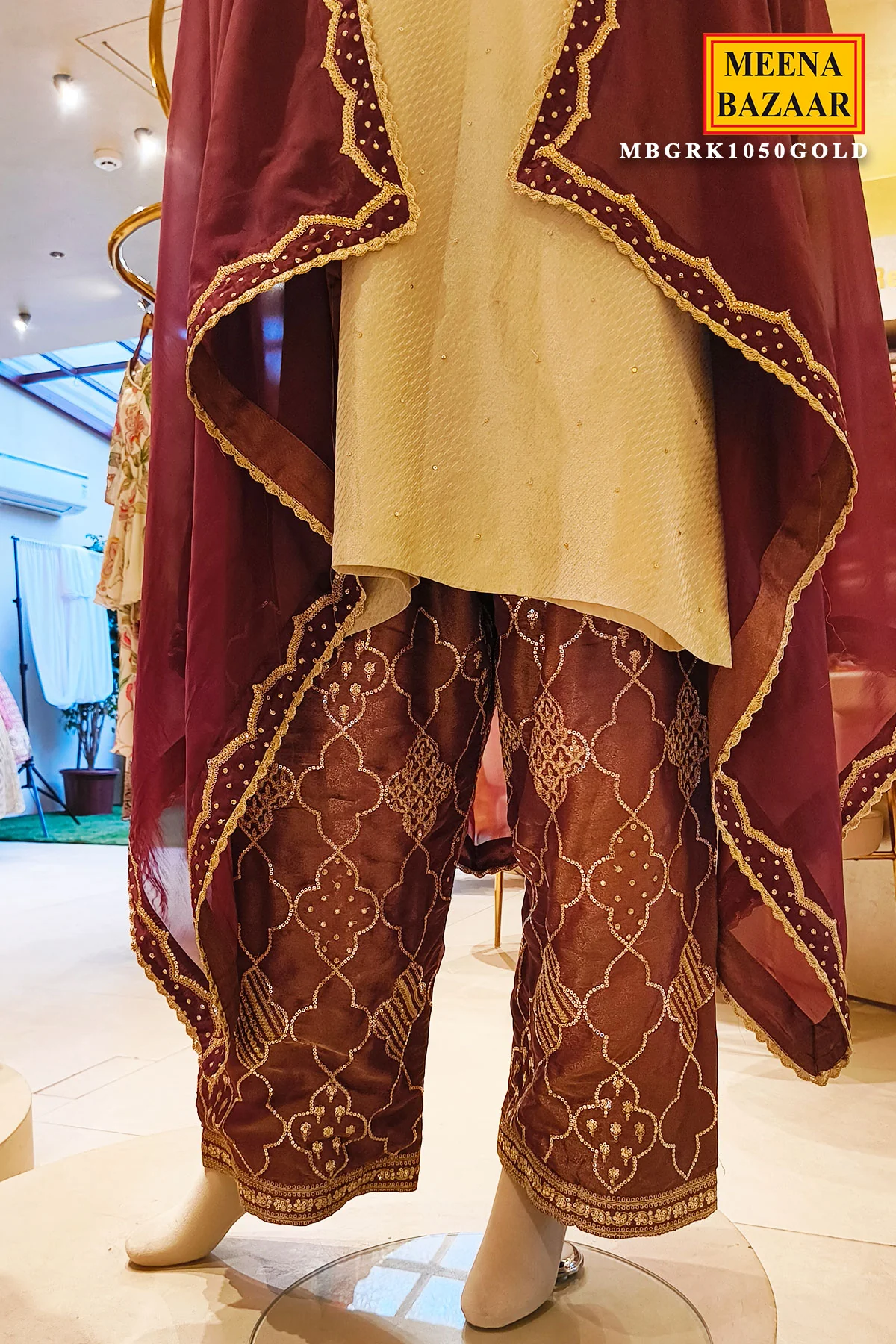 Gold Kurta Set with Embroidered Pants & Dupatta - Image 4