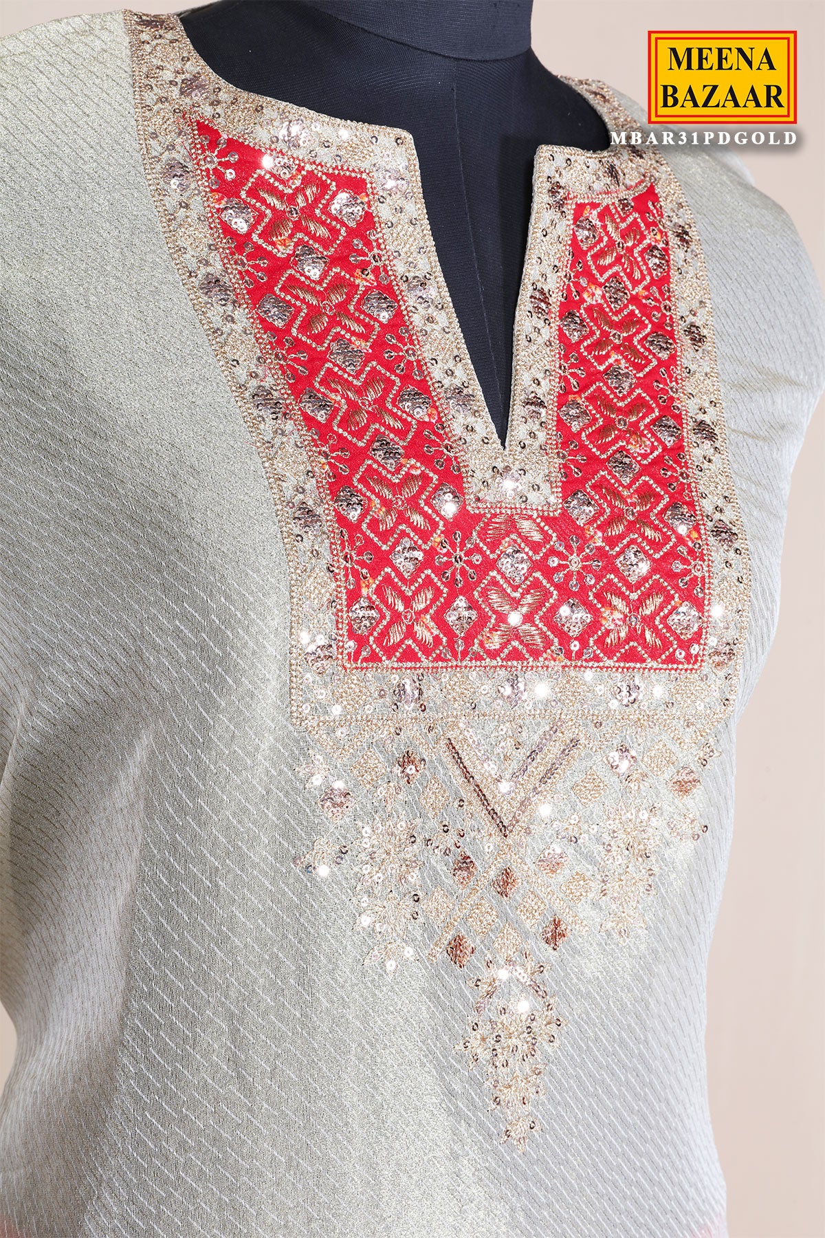Gold Silk with Exquisite Embroidery Unstitched Suit - Image 5
