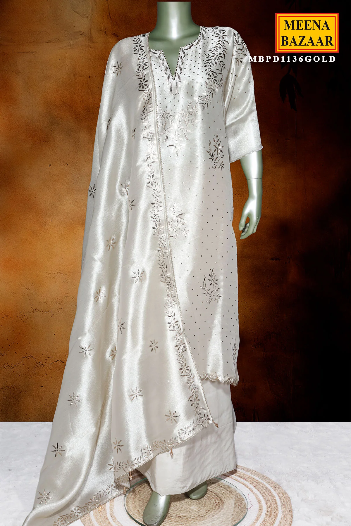 Gold Silk Unstitched Suit with Mukesh, Pita & Embroidery Work - Image 2