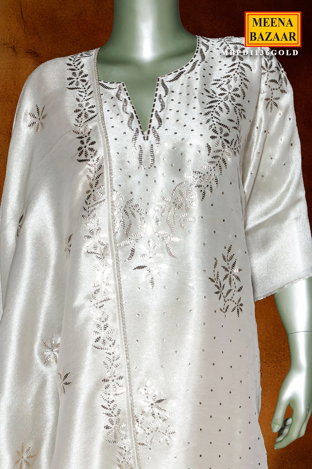 Gold Silk Unstitched Suit with Mukesh, Pita & Embroidery Work - Image 4