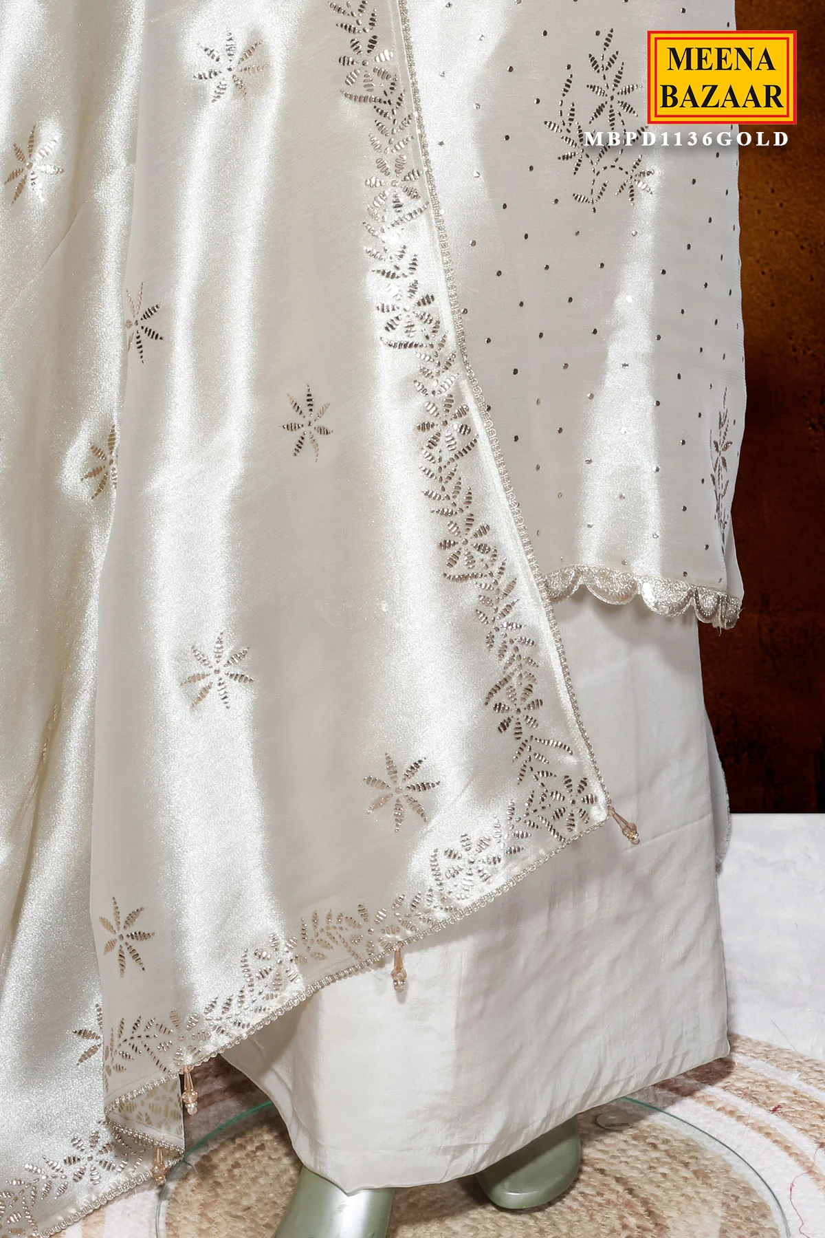 Gold Silk Unstitched Suit with Mukesh, Pita & Embroidery Work - Image 5
