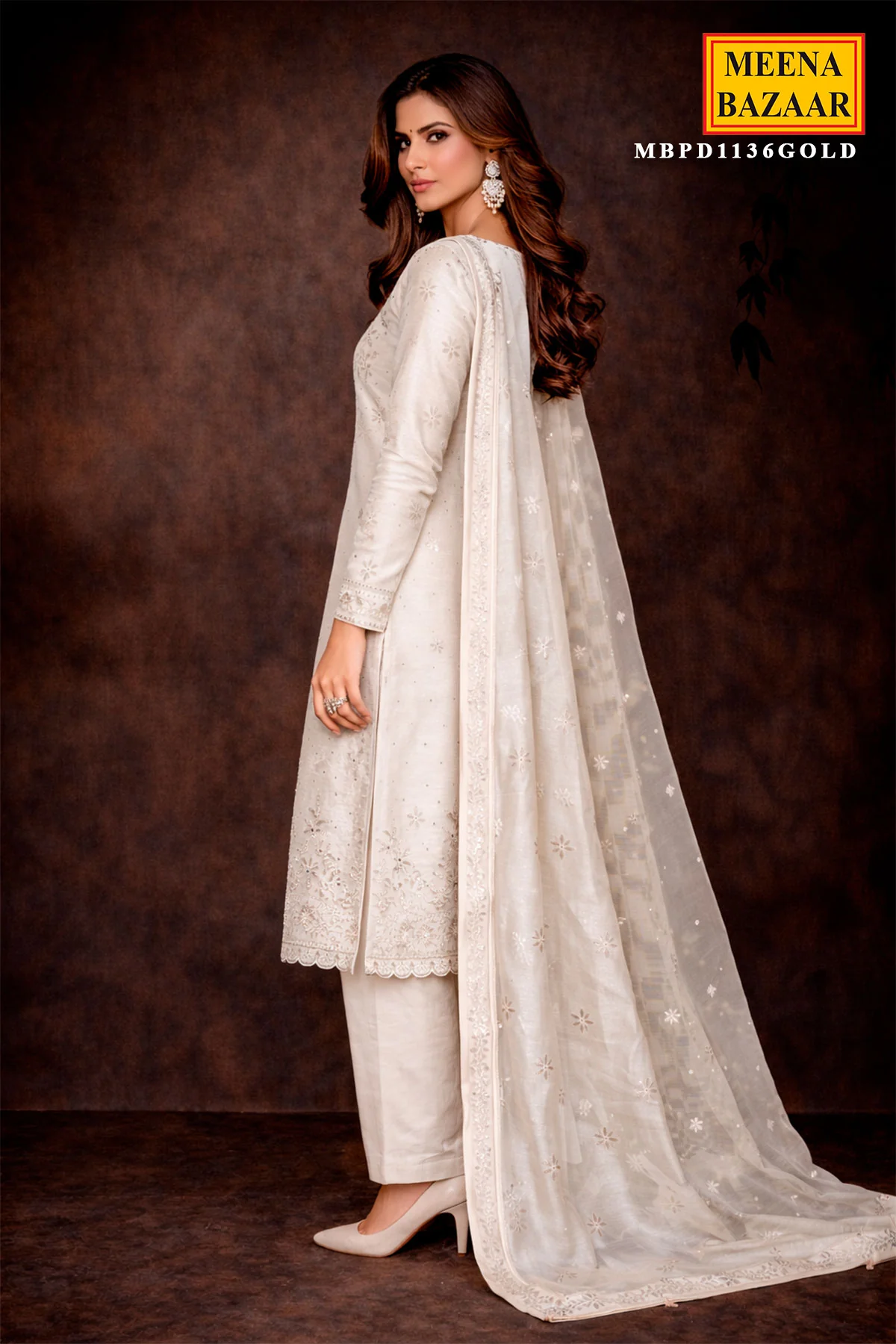 Gold Silk Unstitched Suit with Mukesh, Pita & Embroidery Work - Image 9