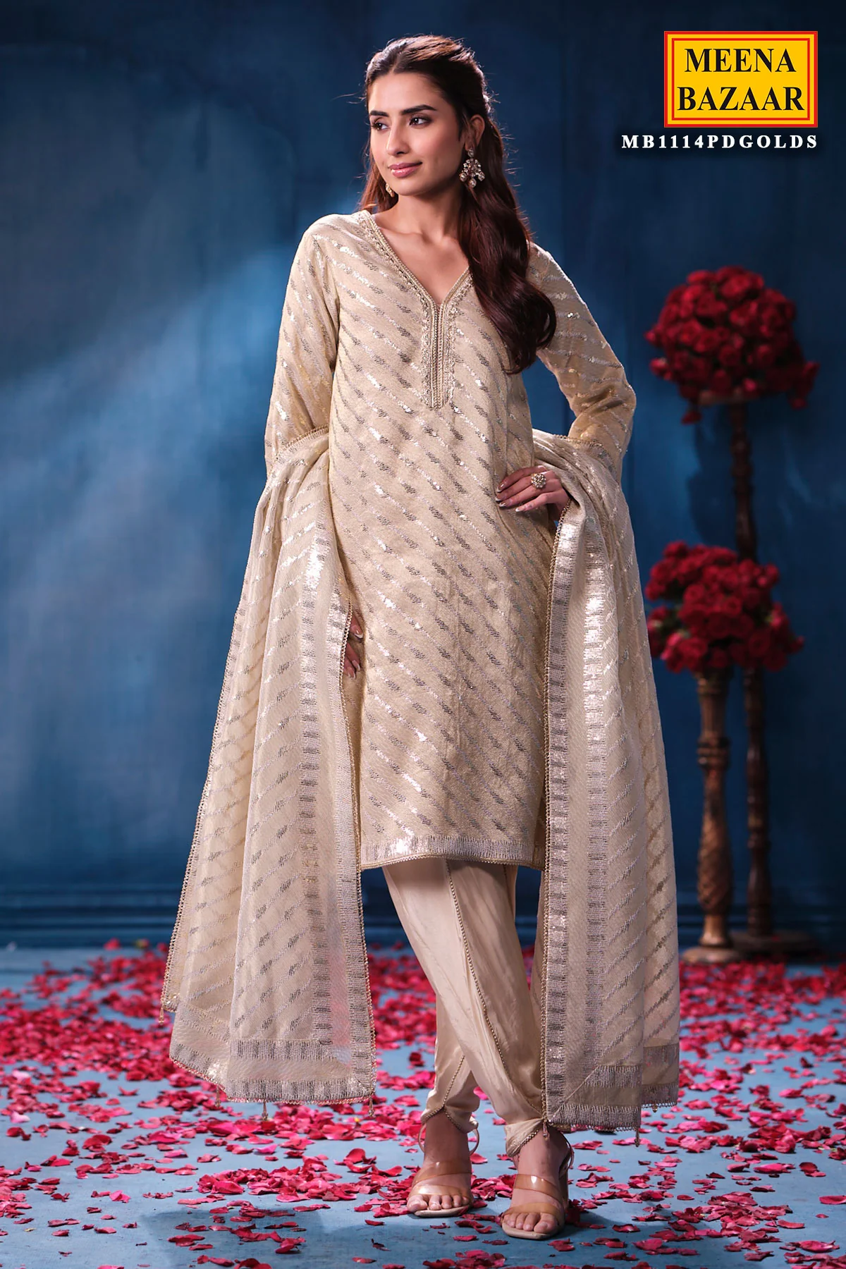 Gold Silk Unstitched Suit with Premium Sequin Work - Image 10