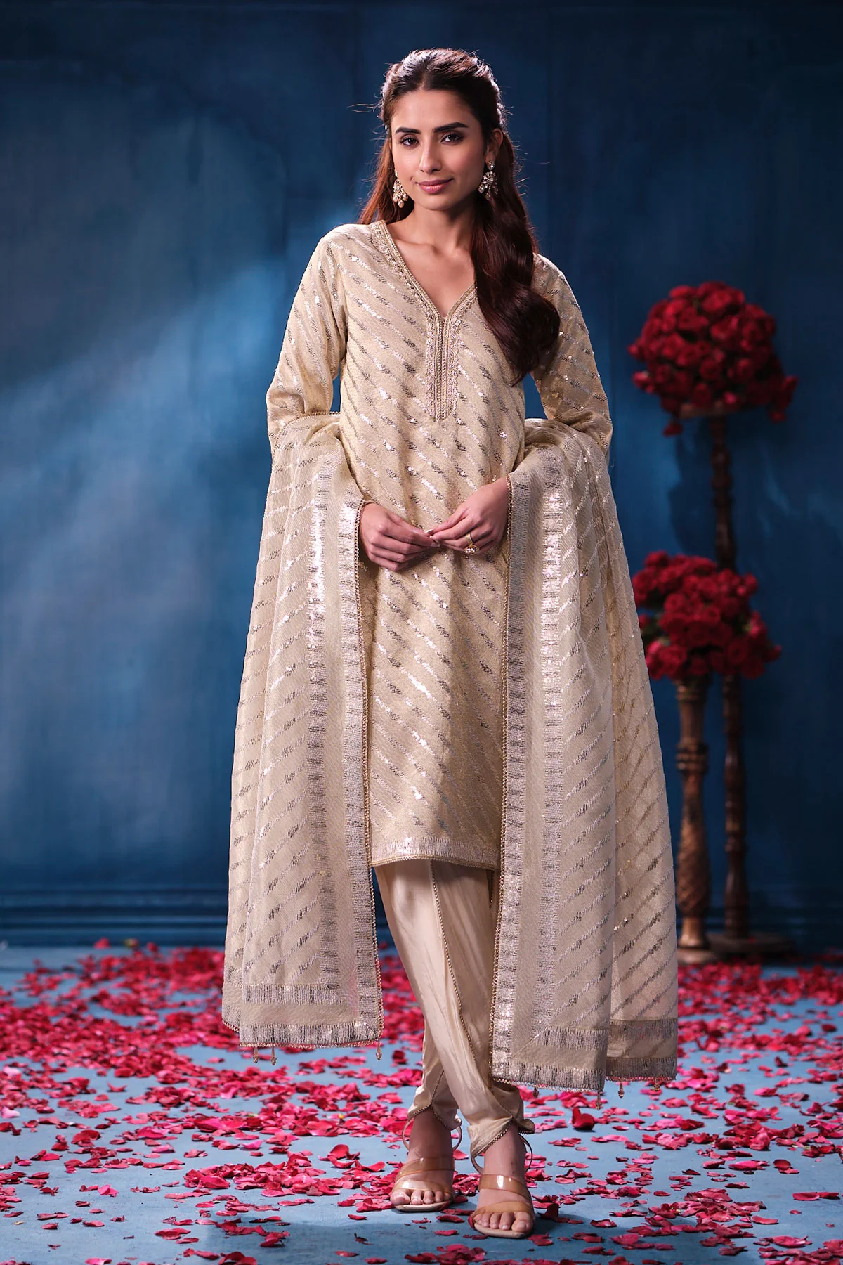 Gold Silk Unstitched Suit with Premium Sequin Work - Image 11