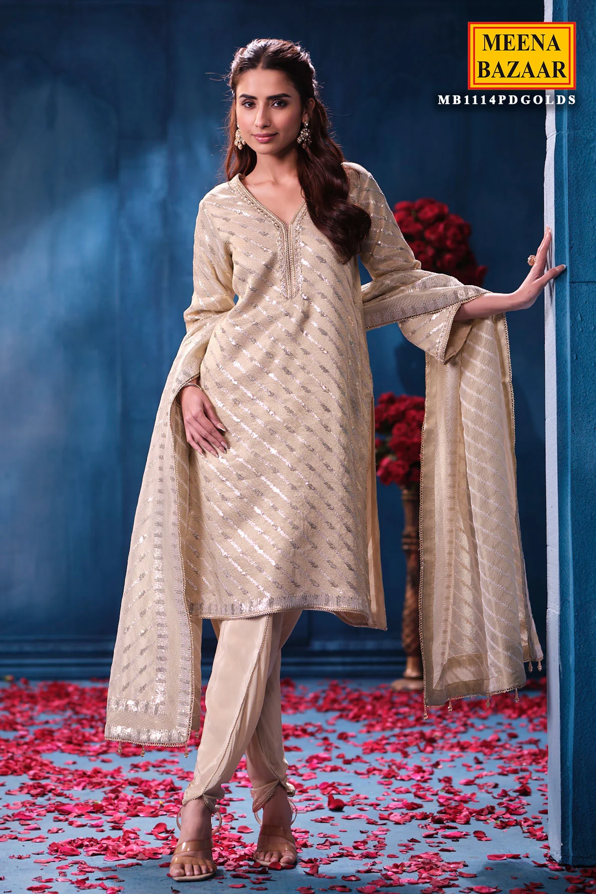 Gold Silk Unstitched Suit with Premium Sequin Work - Image 6