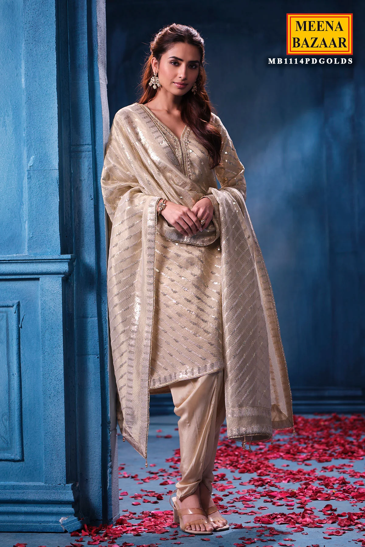 Gold Silk Unstitched Suit with Premium Sequin Work - Image 8