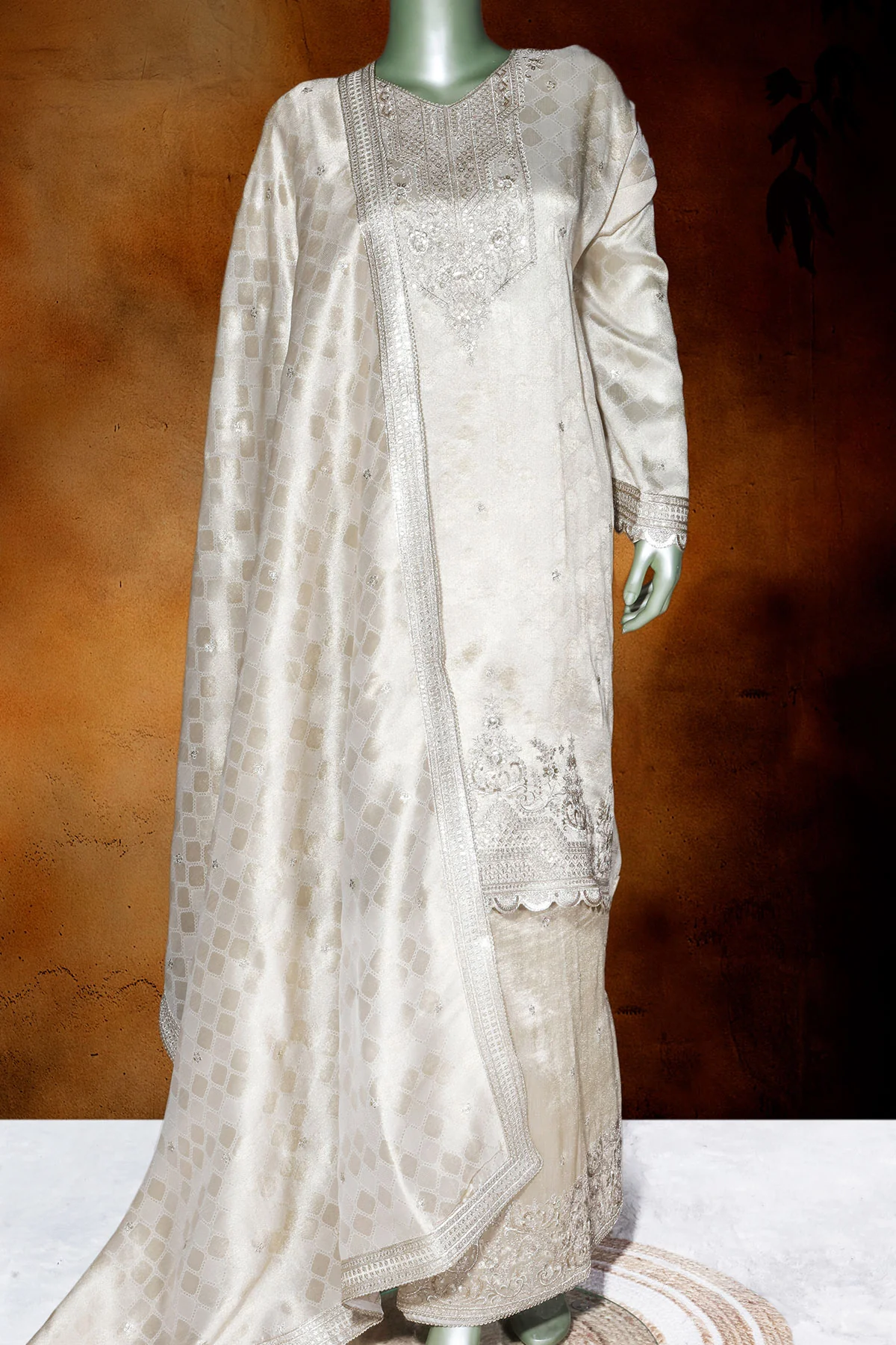 Gold Silk Unstitched Suit with Zari & Sequin Work - Image 2