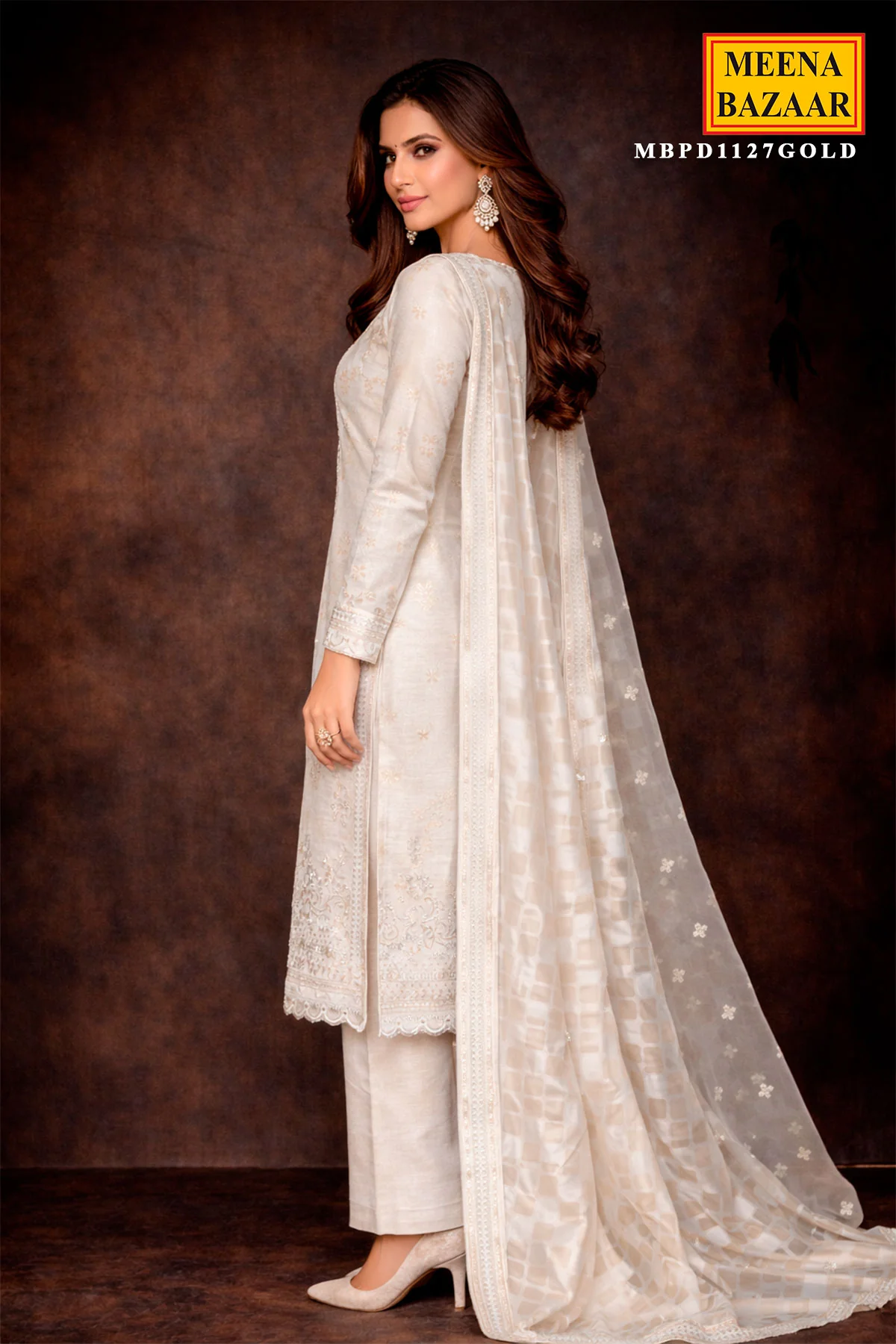 Gold Silk Unstitched Suit with Zari & Sequin Work - Image 8