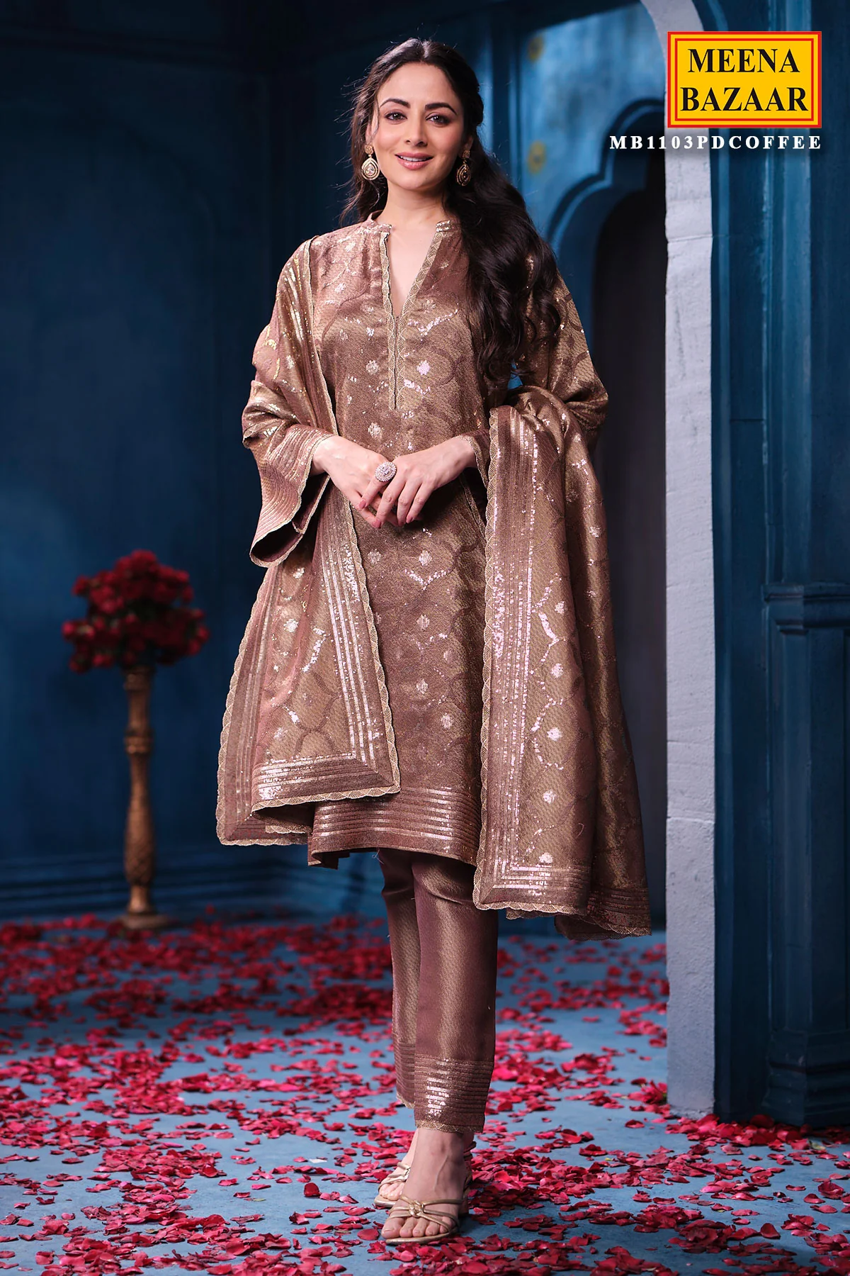 Copper Kanjivaram Tissue Suit Set with Matching Dupatta Festive Wear - Image 2