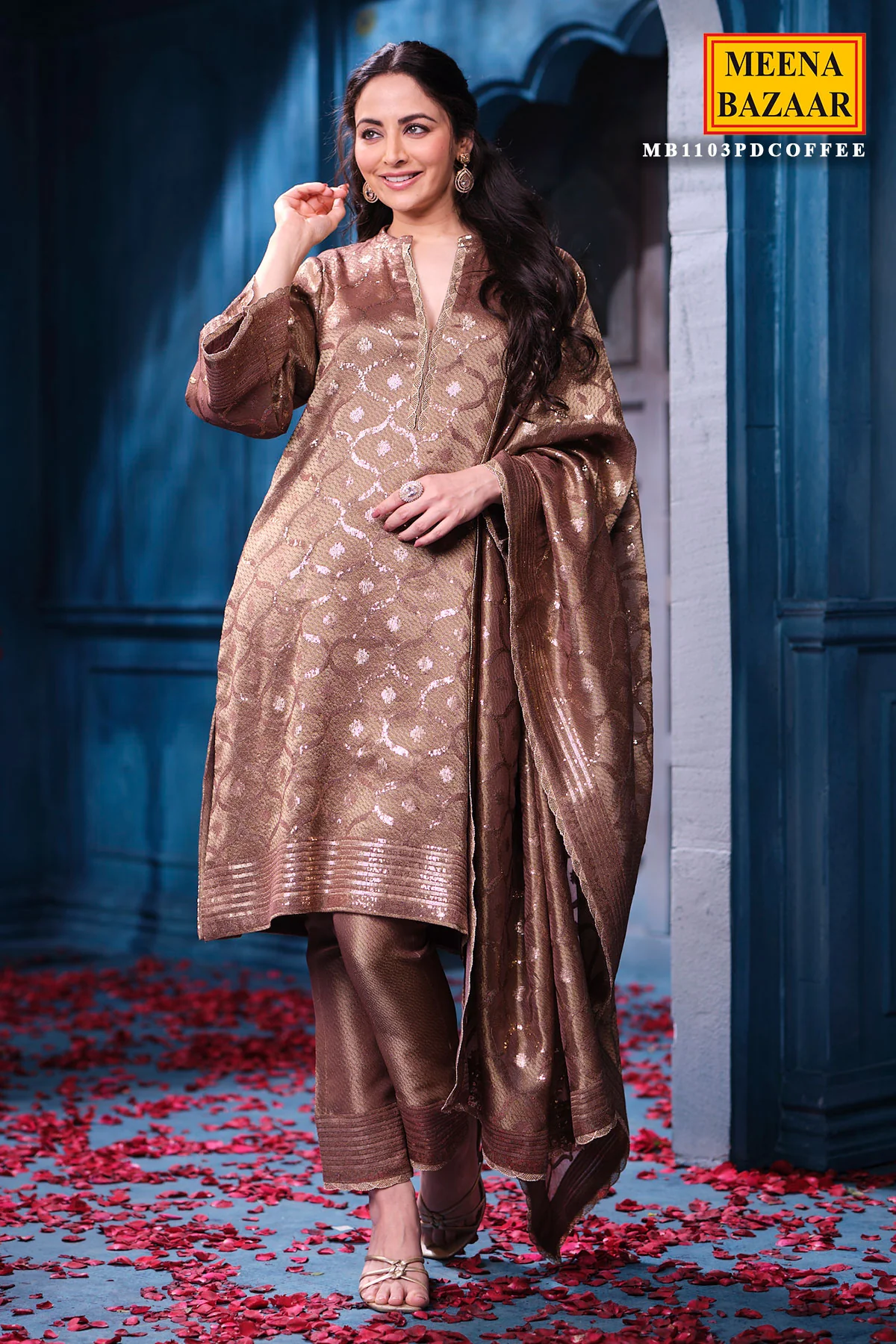 Copper Kanjivaram Tissue Suit Set with Matching Dupatta Festive Wear - Image 4