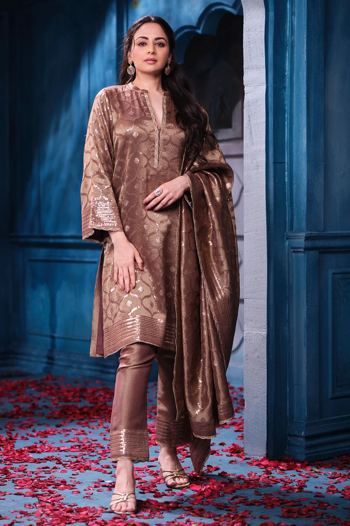 Copper Kanjivaram Tissue Suit Set with Matching Dupatta Festive Wear - Image 5