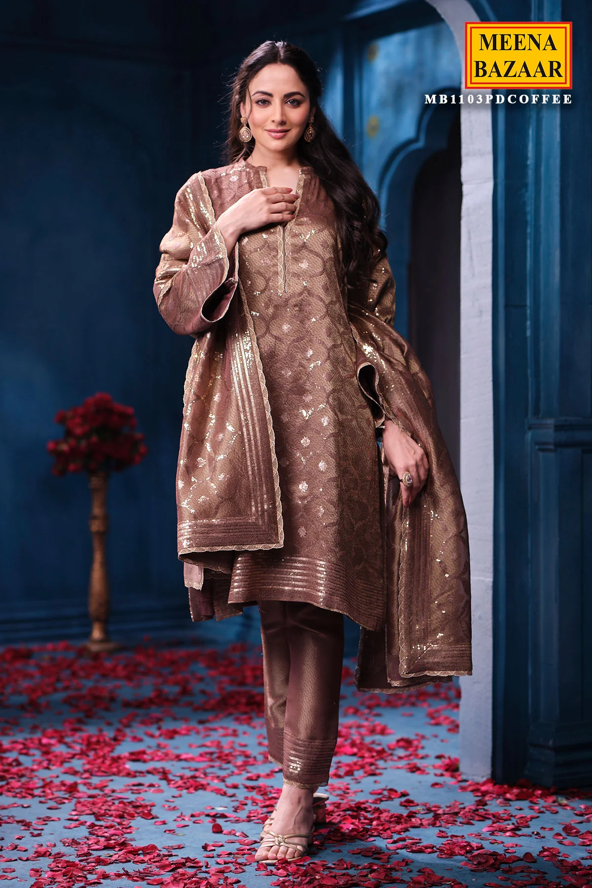Copper Kanjivaram Tissue Suit Set with Matching Dupatta Festive Wear - Image 6