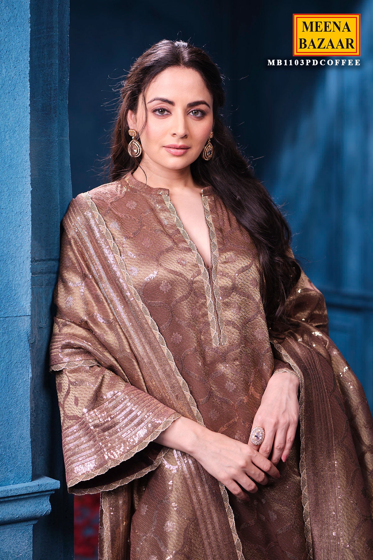 Copper Kanjivaram Tissue Suit Set with Matching Dupatta Festive Wear - Image 7