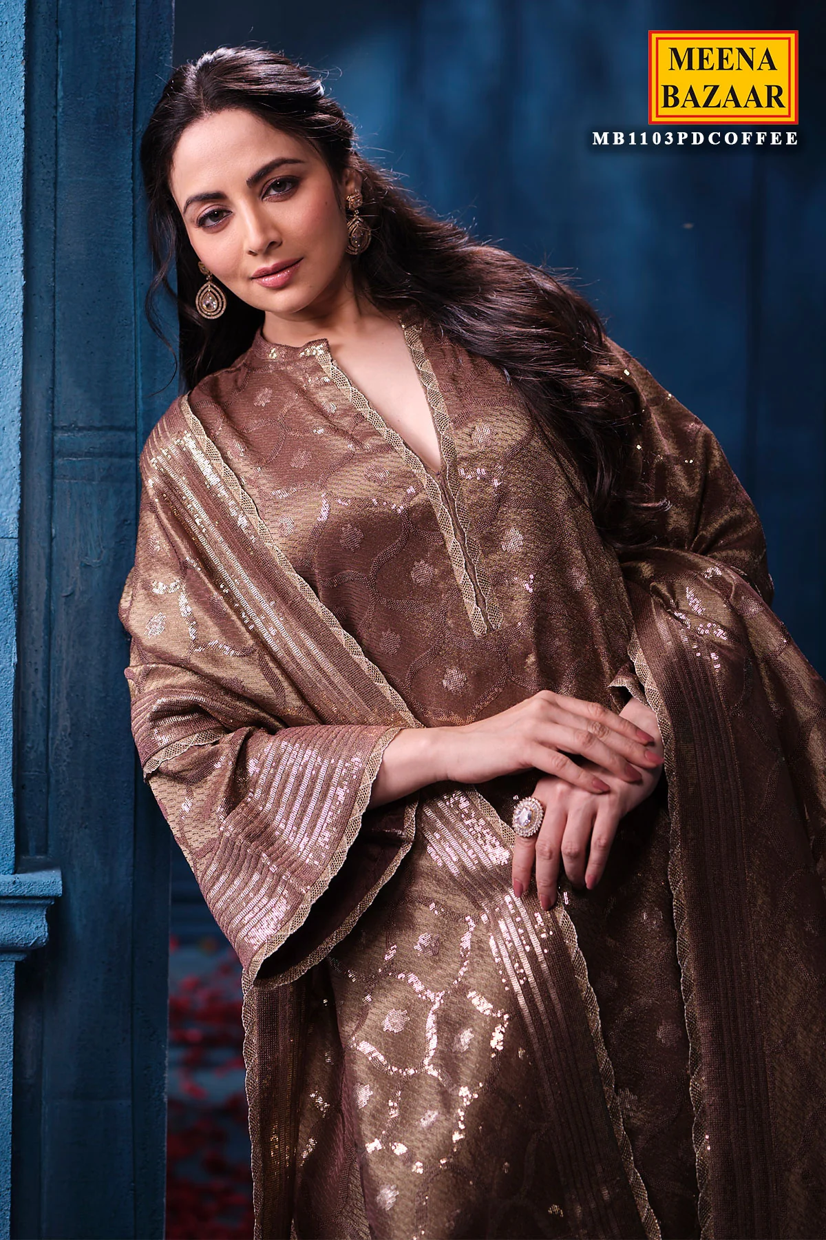 Copper Kanjivaram Tissue Suit Set with Matching Dupatta Festive Wear - Image 9