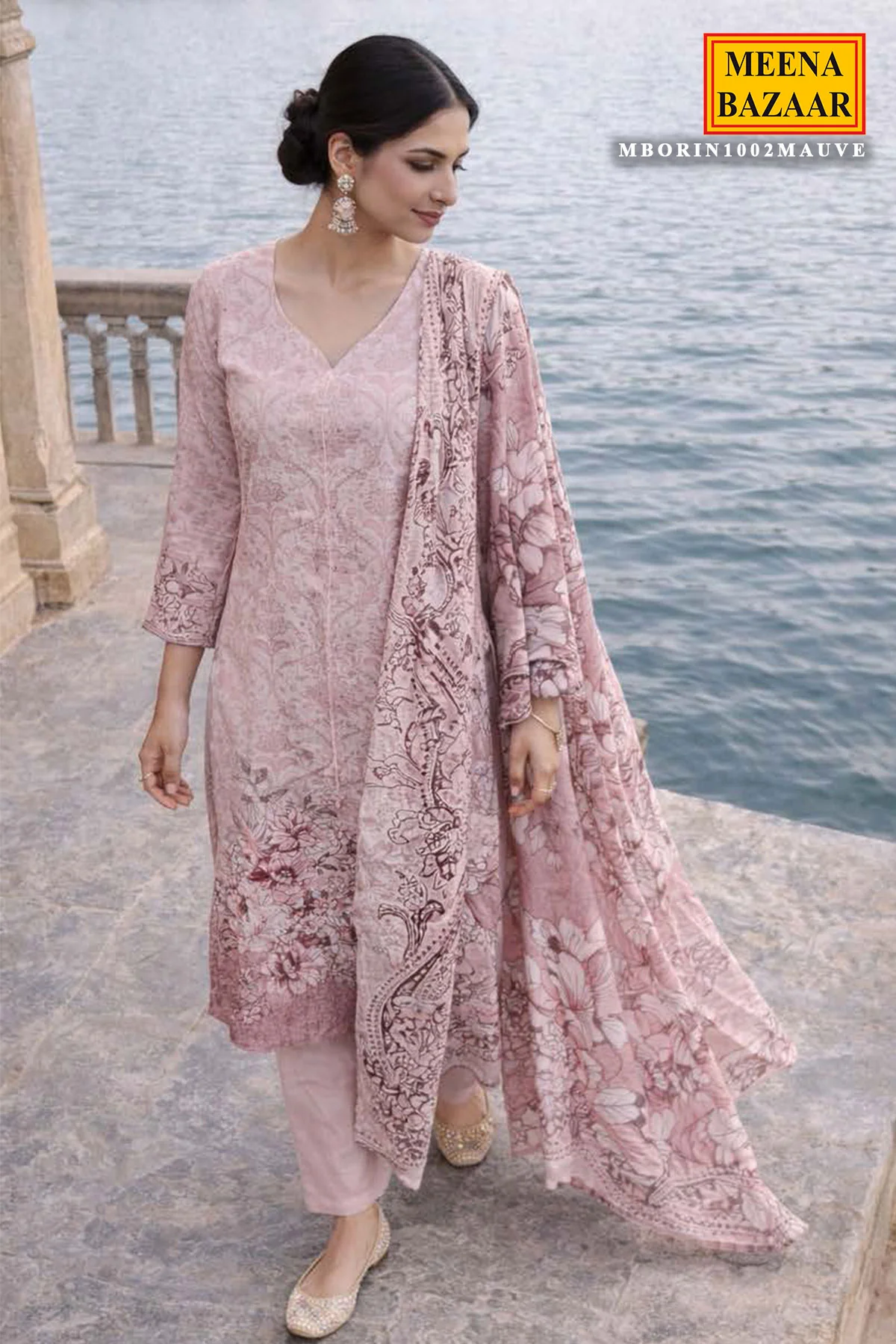 Graceful Mauve Maslin Unstitched Suit with Embroidery Work - Image 3